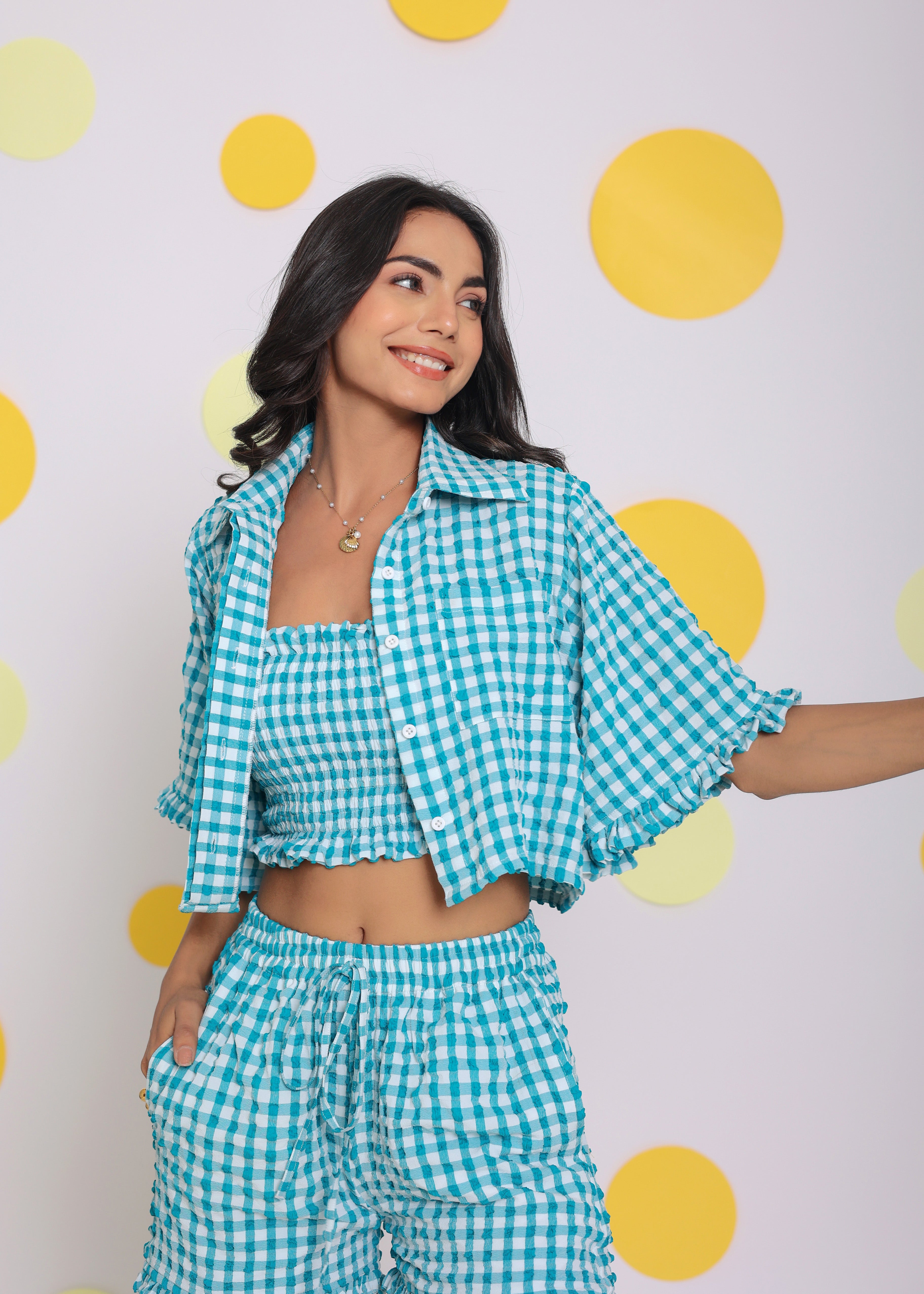 White and Aqua Blue Summer Tube Top, Shirt and Shorts Relaxed 3 Pc Co-ord Set - Kaoribyshreya