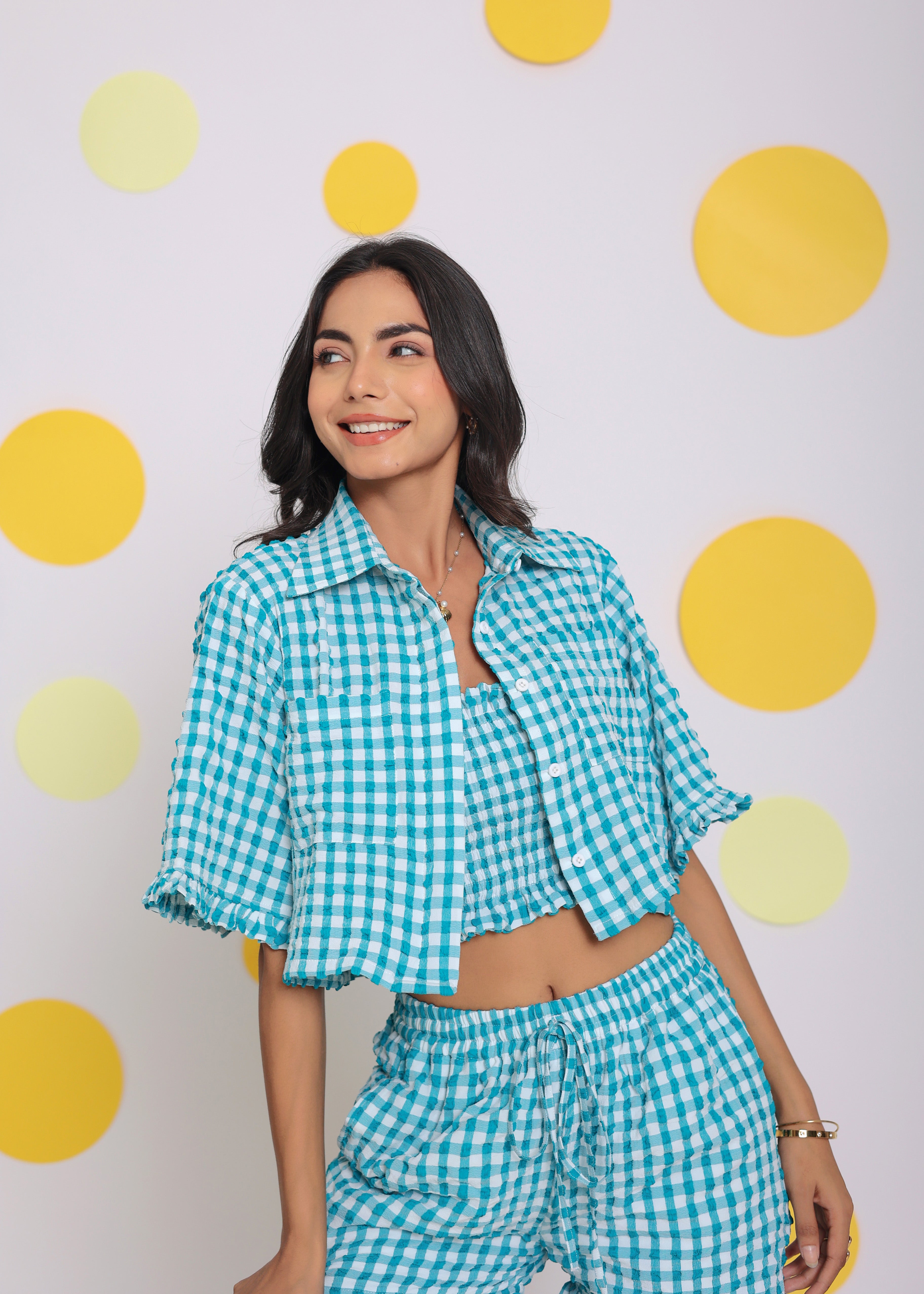 White and Aqua Blue Summer Relaxed Collared Shirt and Fitted Tube Top - Kaoribyshreya