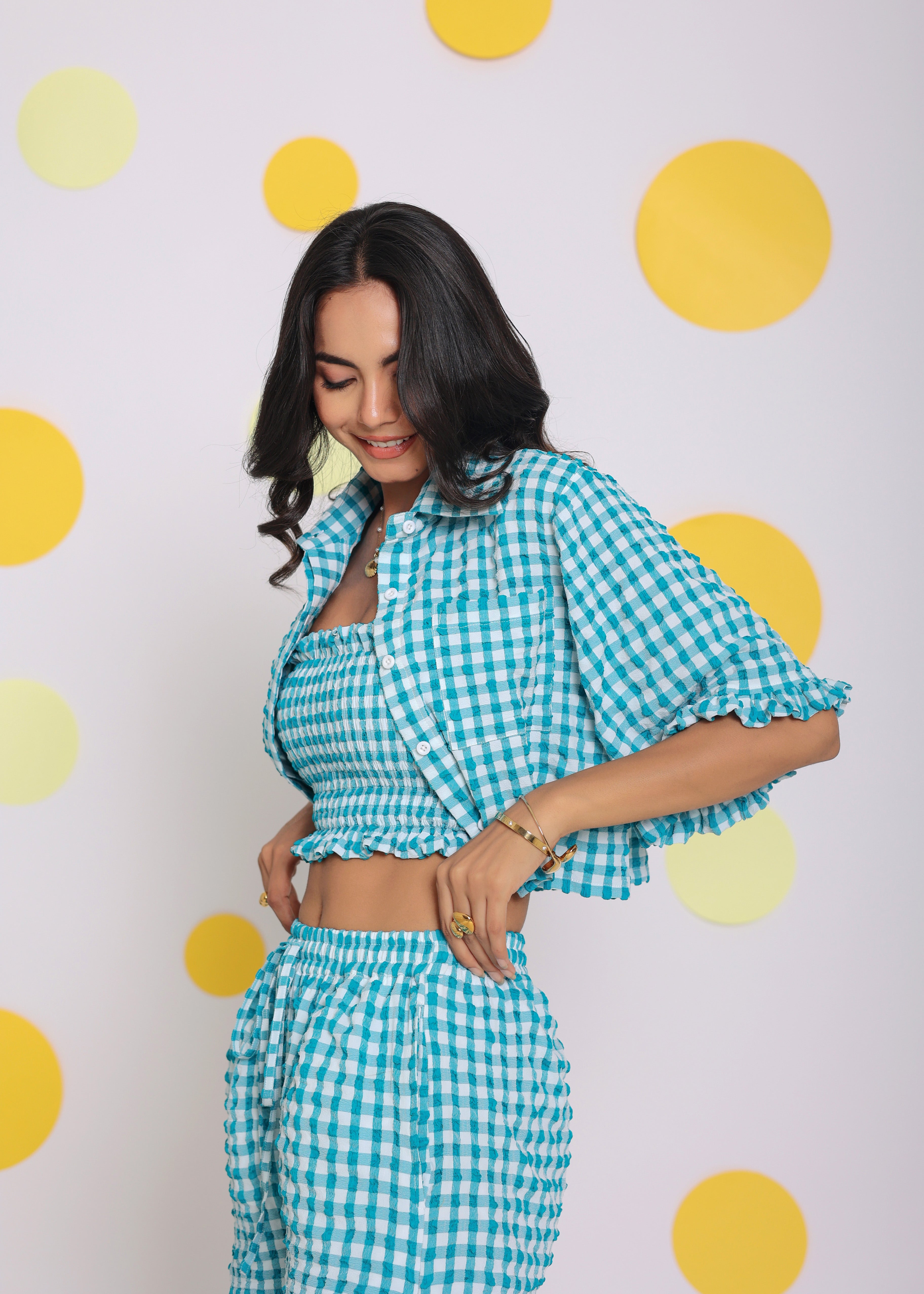 White and Aqua Blue Summer Relaxed Collared Shirt and Fitted Tube Top - Kaoribyshreya