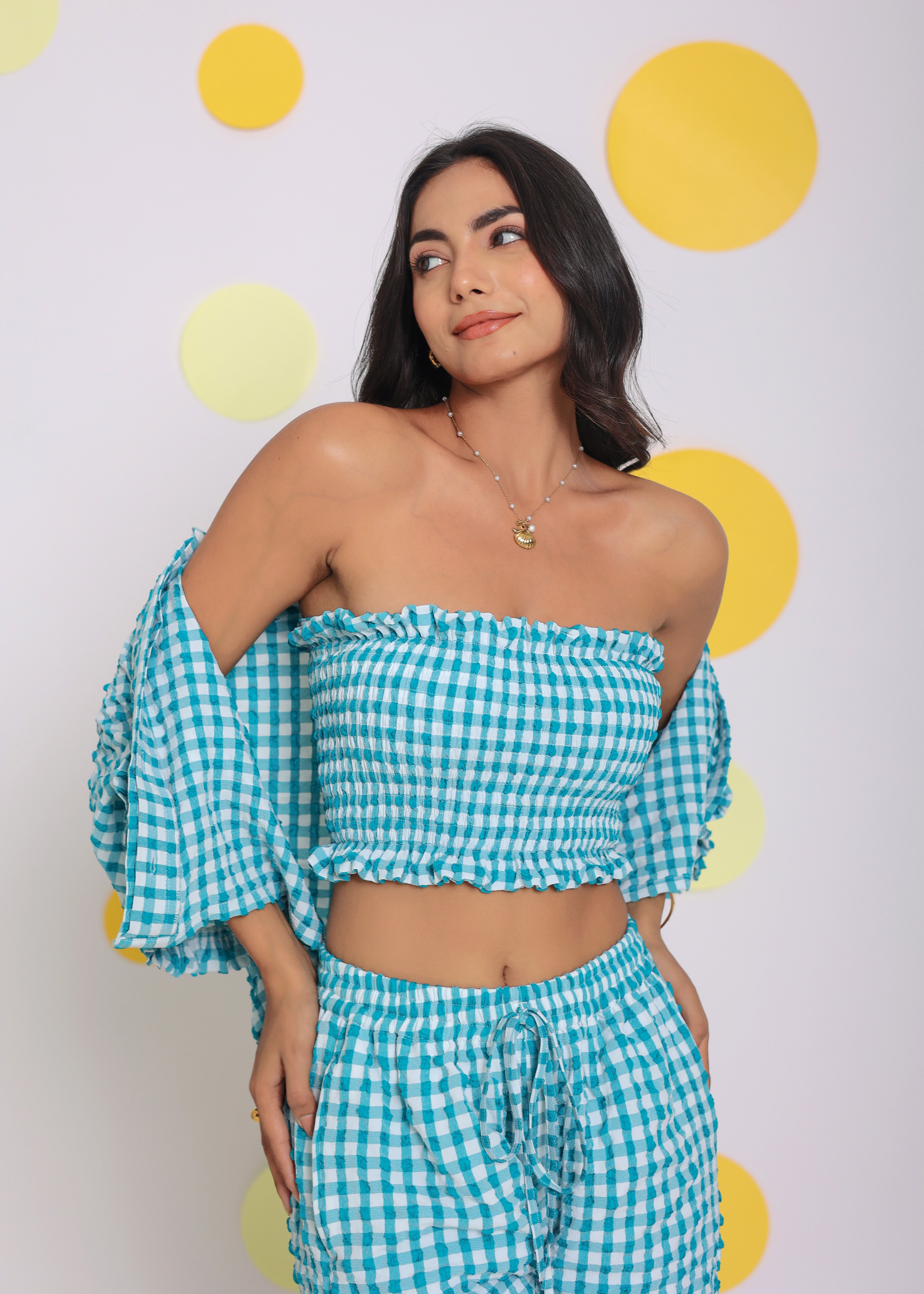 White and Aqua Blue Summer Tube Top, Shirt and Shorts Relaxed 3 Pc Co-ord Set - Kaoribyshreya