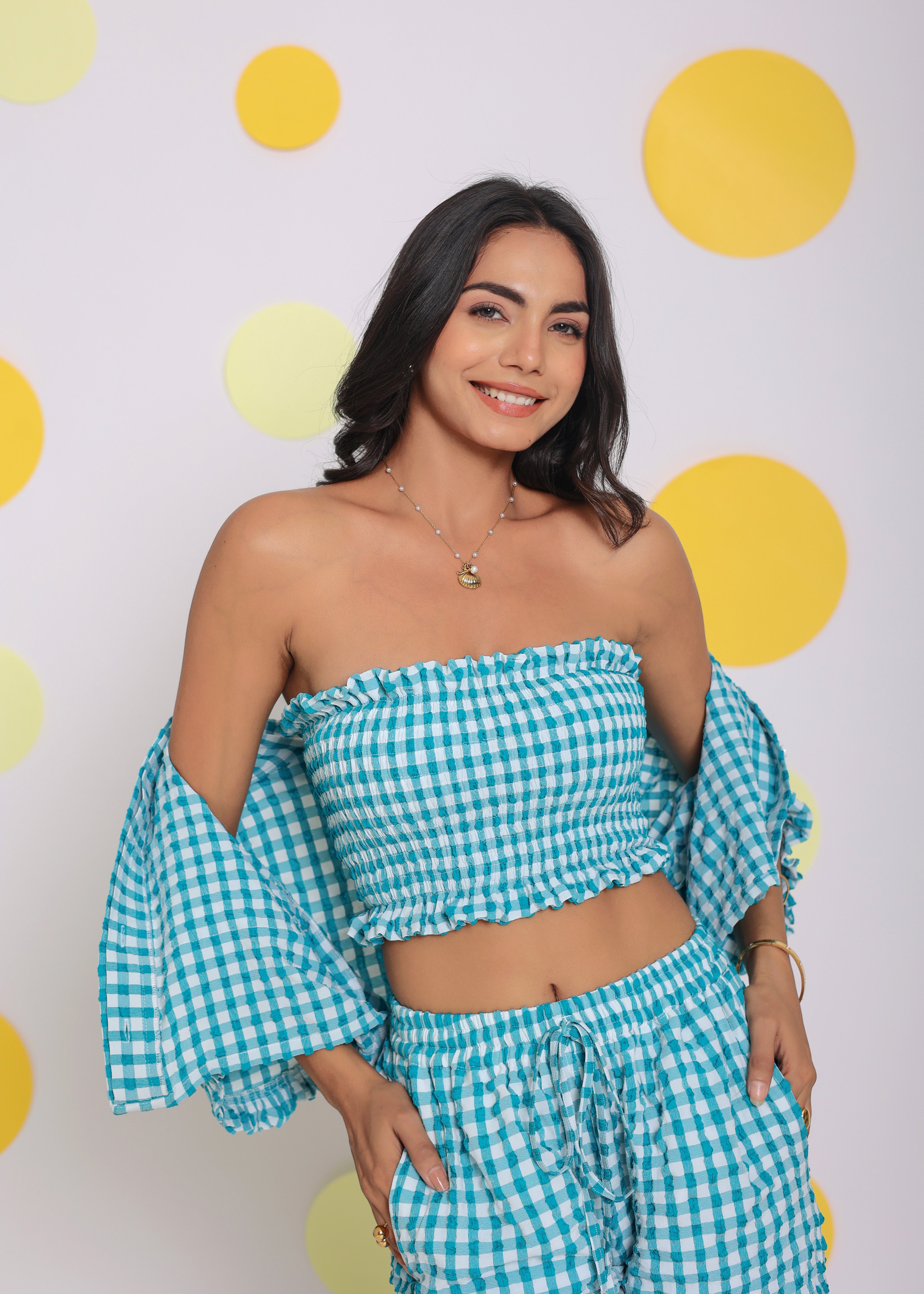 White and Aqua Blue Tube Top and Shorts Two Piece Set Relaxed Summer Co-ord Set - Kaoribyshreya