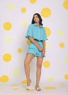 White and Aqua Blue Summer Tube Top, Shirt and Shorts Relaxed 3 Pc Co-ord Set - Kaoribyshreya