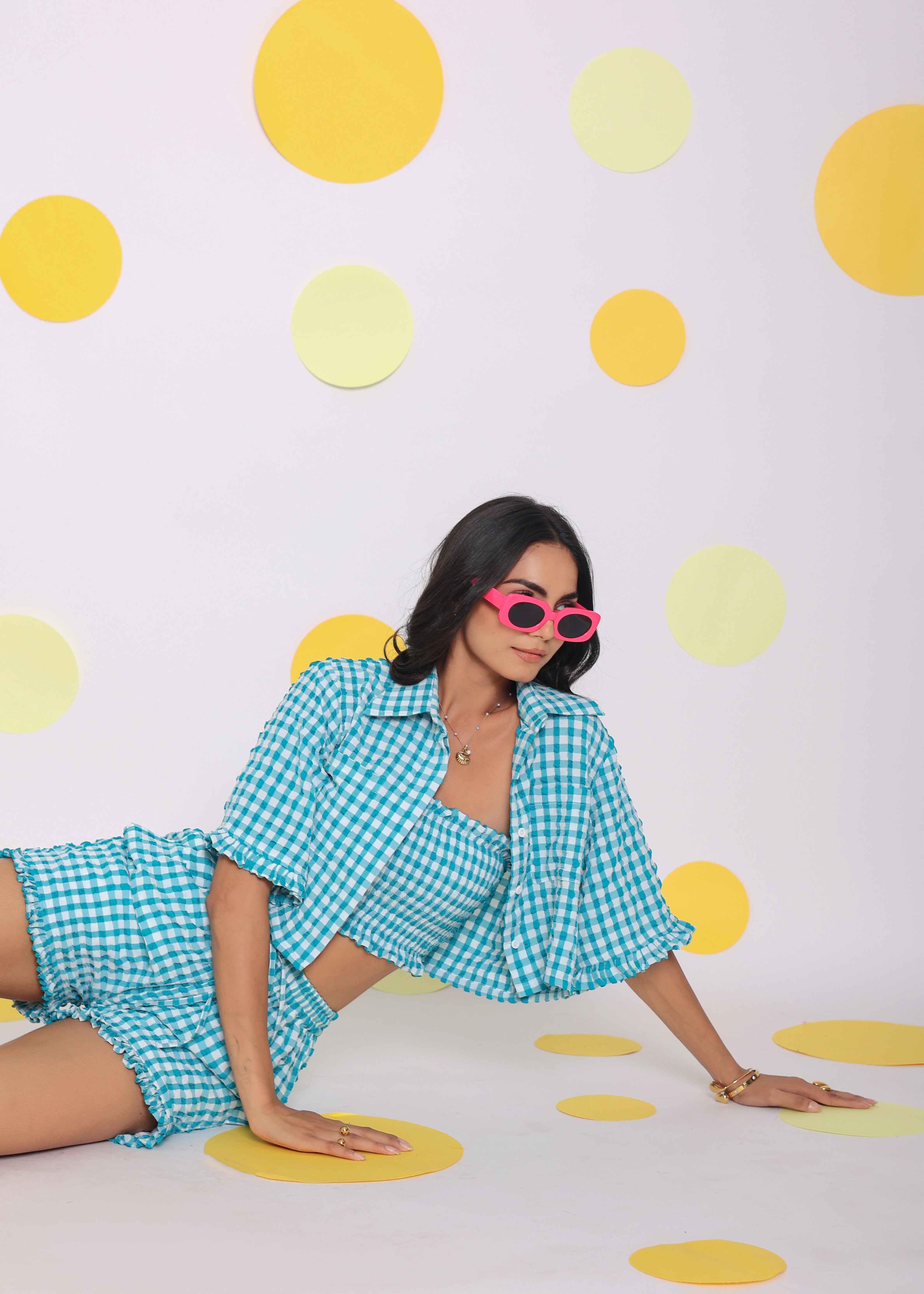 White and Aqua Blue Summer Relaxed Collared Shirt and Fitted Tube Top - Kaoribyshreya