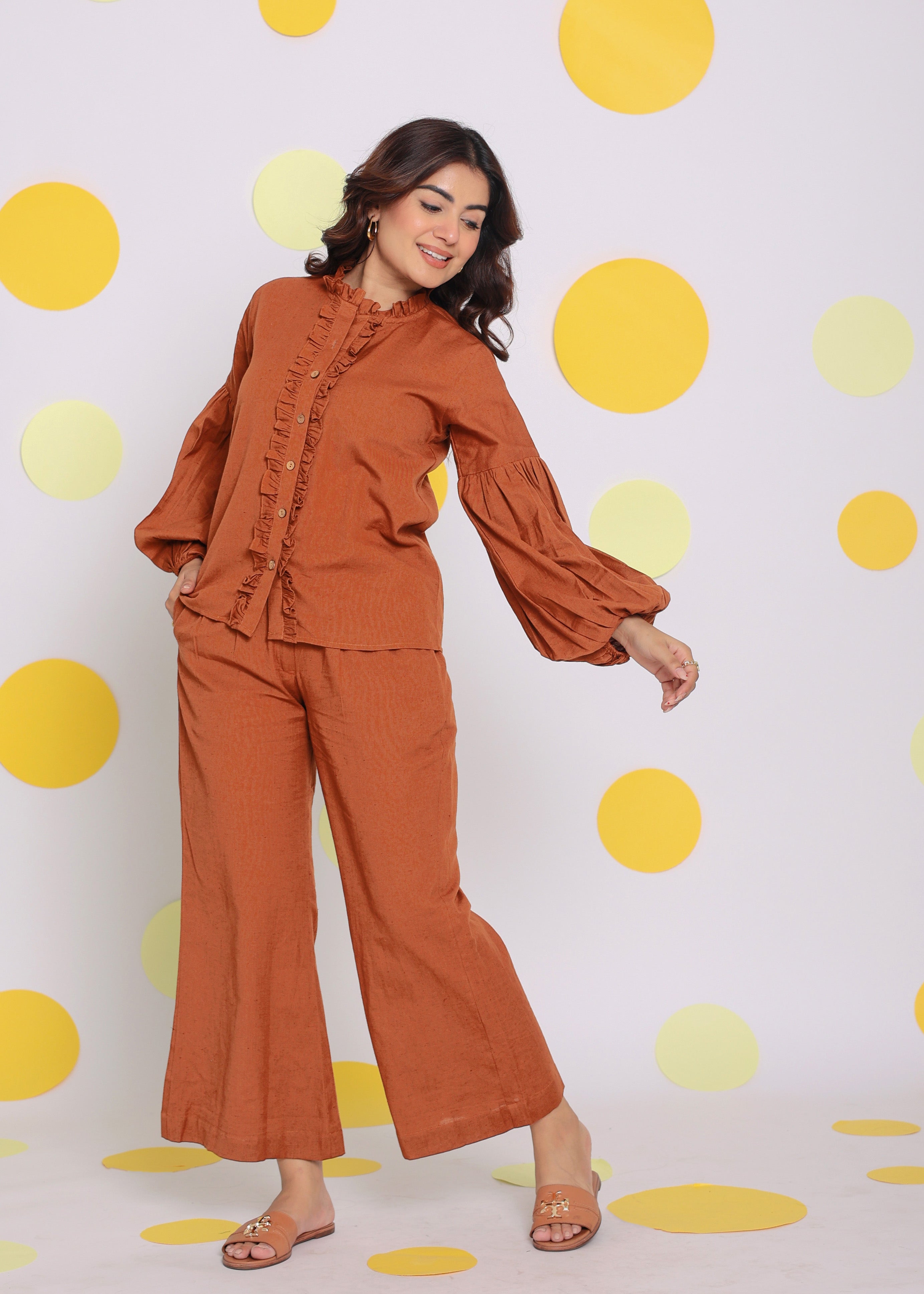 Brown Statement Frilled Buttoned Shirt and Pant Relaxed Linen Co-ord Set - Kaoribyshreya