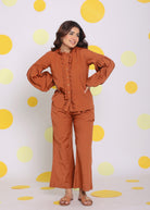 Brown Statement Frilled Buttoned Shirt and Pant Relaxed Linen Co-ord Set - Kaoribyshreya