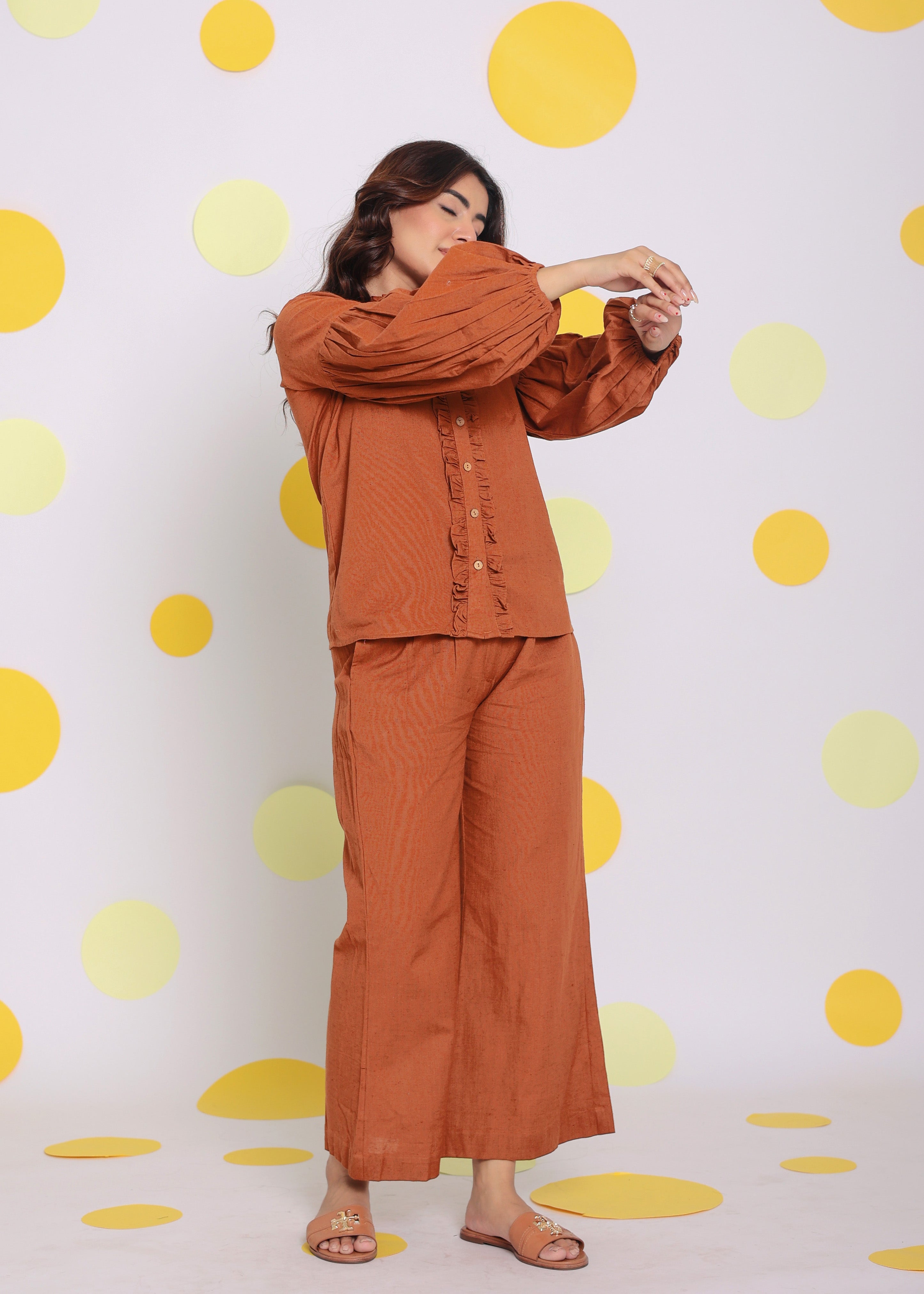 Brown Statement Frilled Buttoned Shirt and Pant Relaxed Linen Co-ord Set - Kaoribyshreya