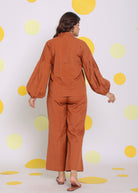 Brown Statement Frilled Buttoned Shirt and Pant Relaxed Linen Co-ord Set - Kaoribyshreya