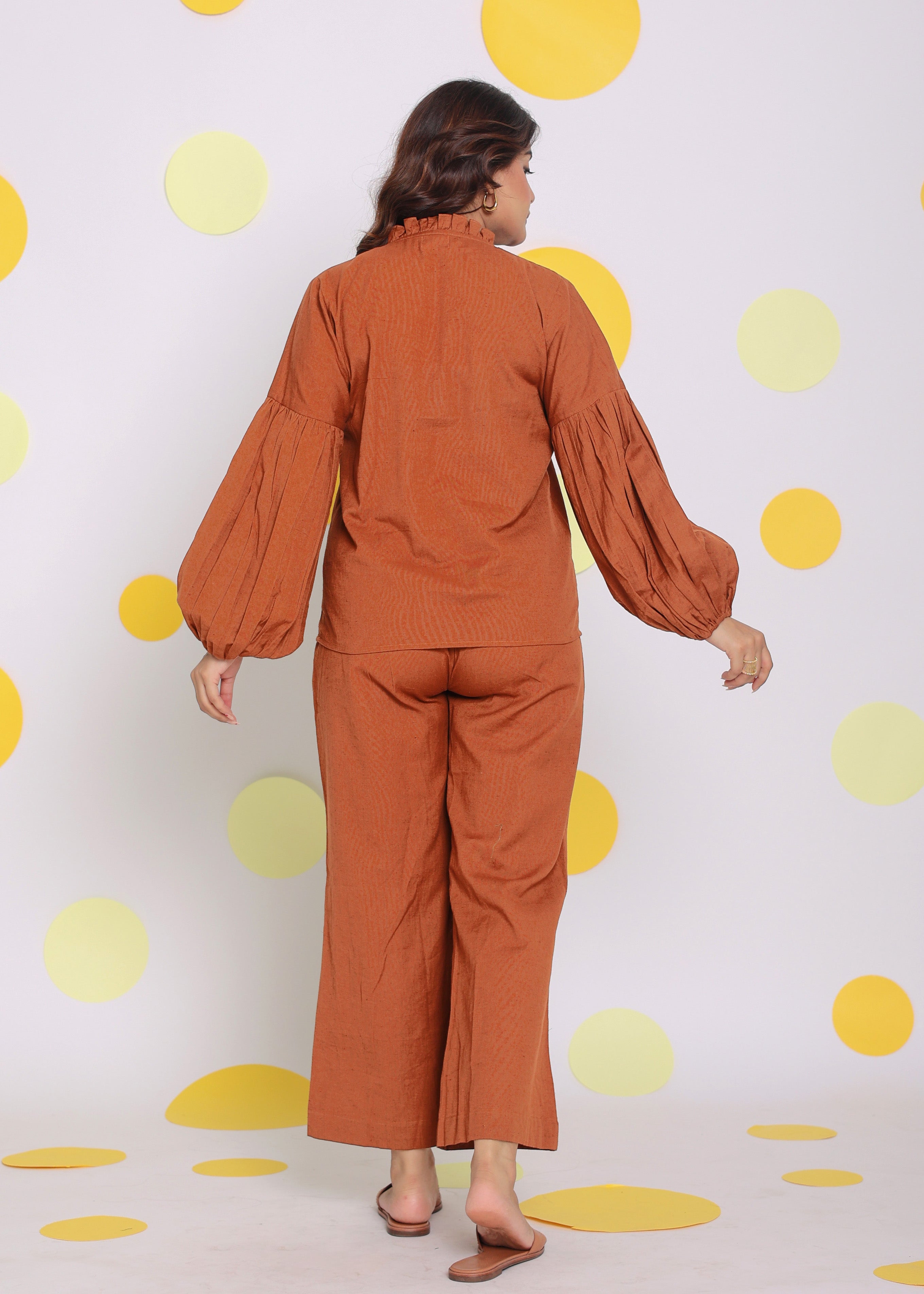 Brown Statement Frilled Buttoned Shirt and Pant Relaxed Linen Co-ord Set - Kaoribyshreya