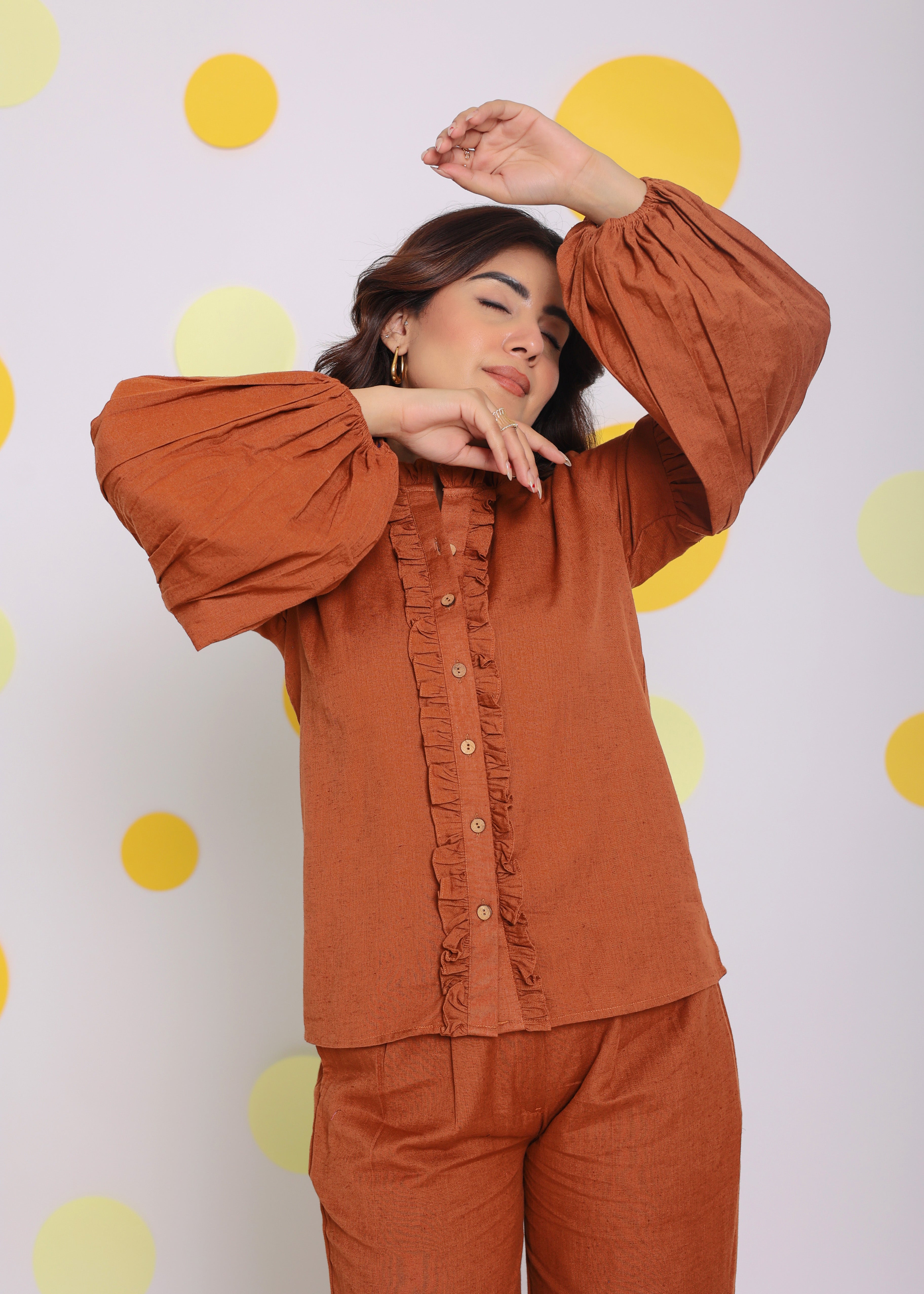 Brown Statement Frilled Buttoned Shirt and Pant Relaxed Linen Co-ord Set - Kaoribyshreya