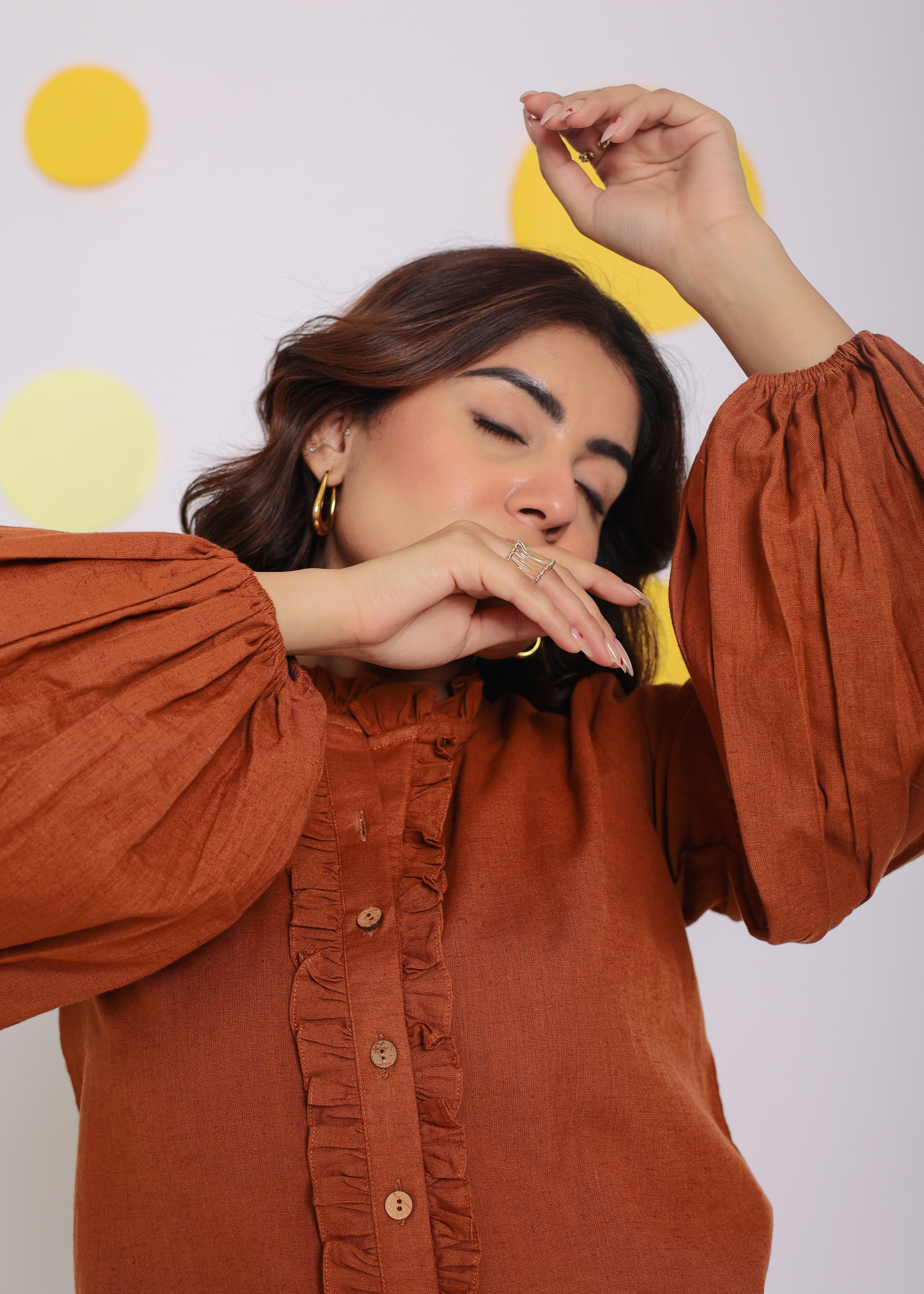 Brown Statement Frilled Buttoned Shirt and Pant Relaxed Linen Co-ord Set - Kaoribyshreya