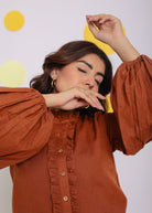 Brown Summer Frilled Relaxed Buttoned Formal Linen Shirt - Kaoribyshreya