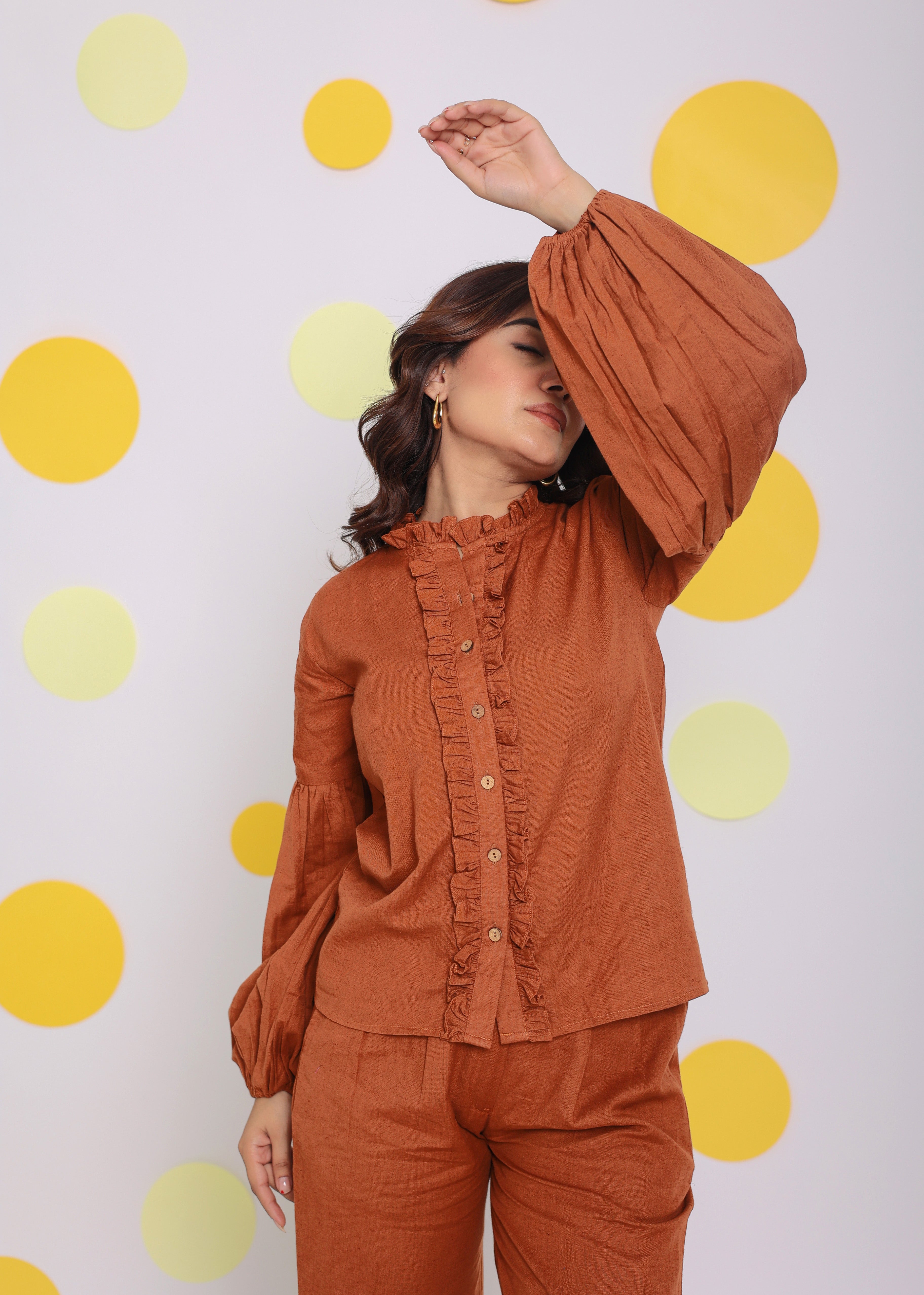 Brown Summer Frilled Relaxed Buttoned Formal Linen Shirt - Kaoribyshreya