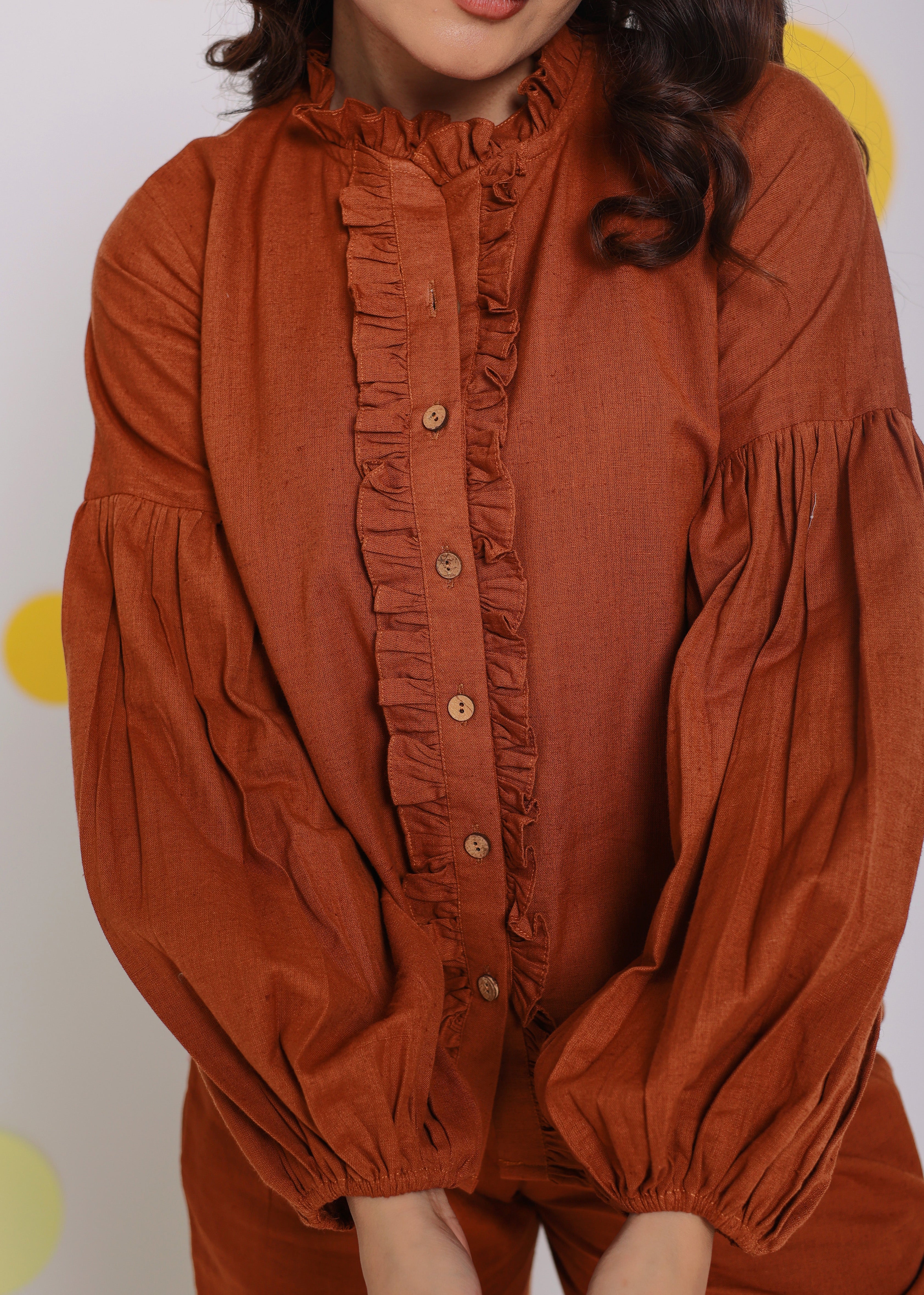Brown Statement Frilled Buttoned Shirt and Pant Relaxed Linen Co-ord Set - Kaoribyshreya
