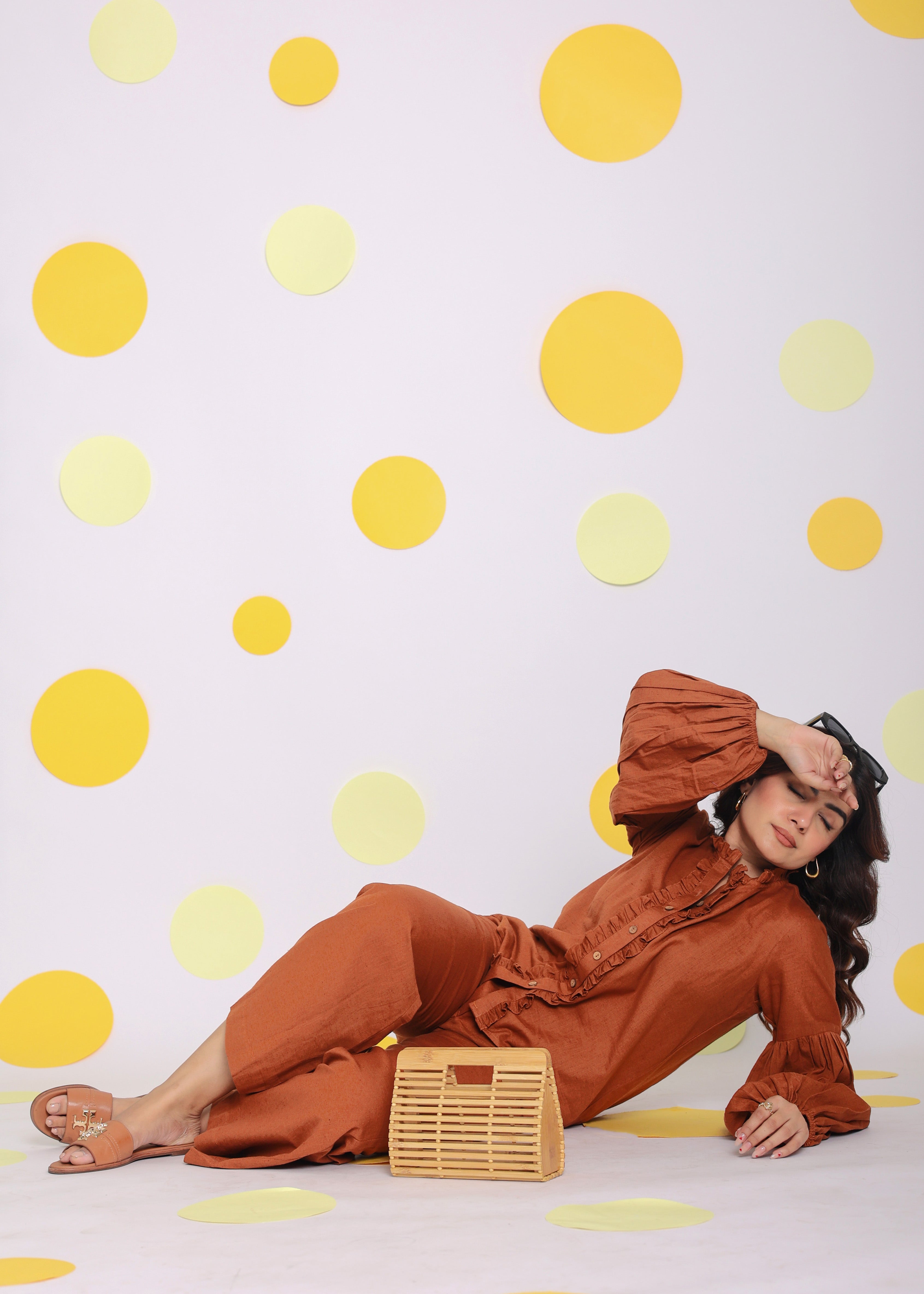 Brown Statement Frilled Buttoned Shirt and Pant Relaxed Linen Co-ord Set - Kaoribyshreya