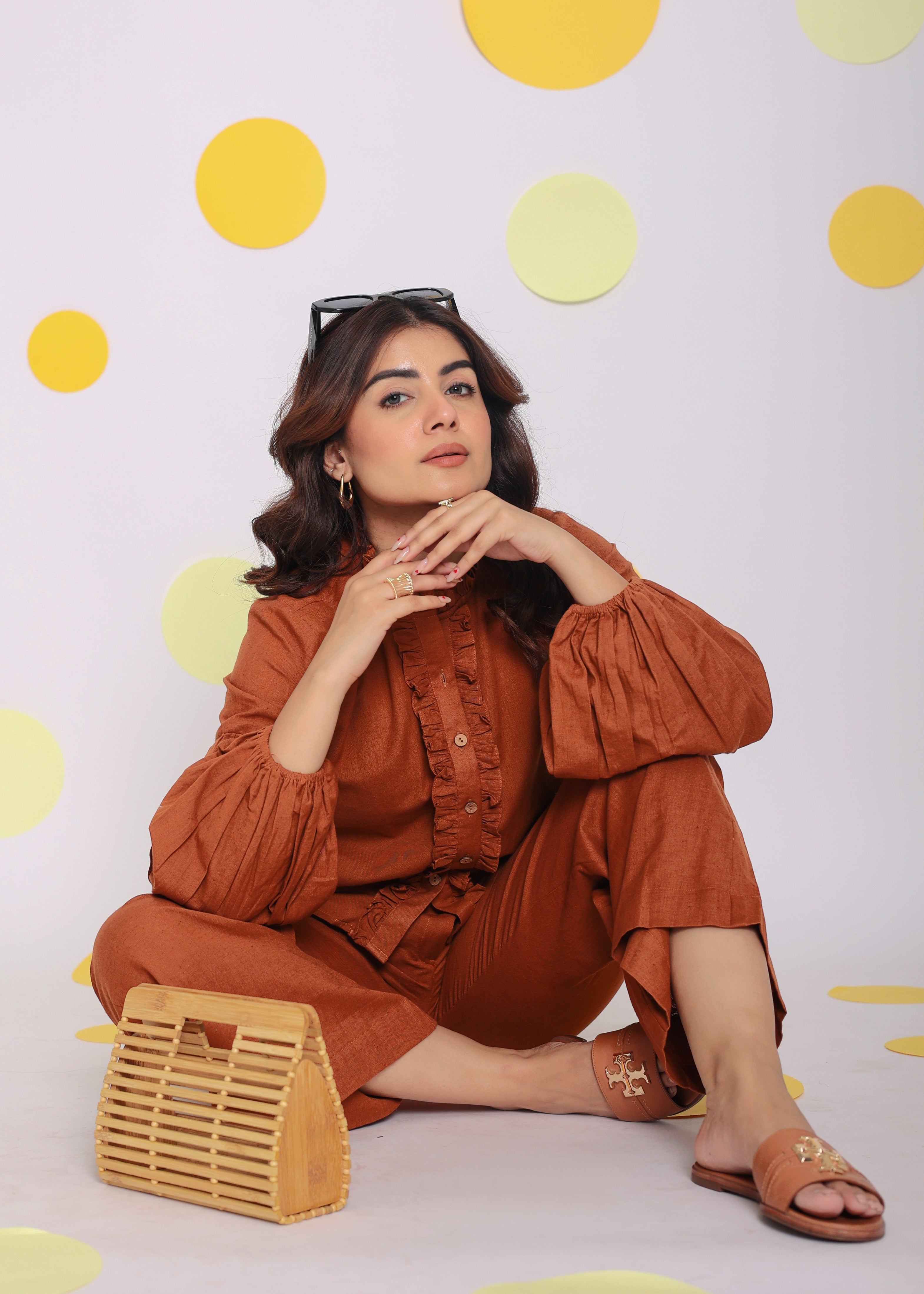 Brown Statement Frilled Buttoned Shirt and Pant Relaxed Linen Co-ord Set - Kaoribyshreya