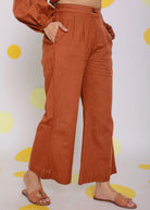 Brown Statement Frilled Buttoned Shirt and Pant Relaxed Linen Co-ord Set - Kaoribyshreya