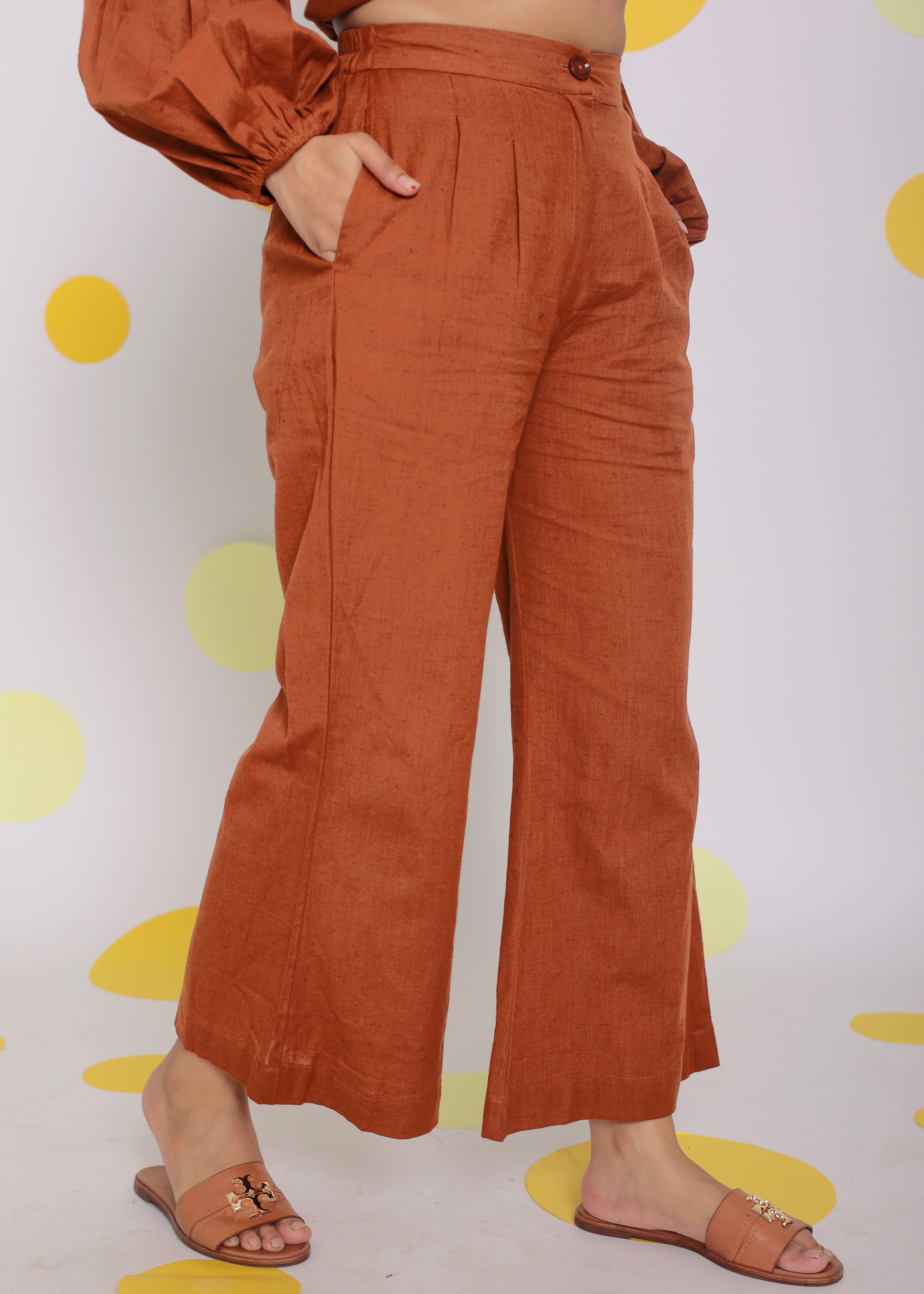 Brown Statement Frilled Buttoned Shirt and Pant Relaxed Linen Co-ord Set - Kaoribyshreya