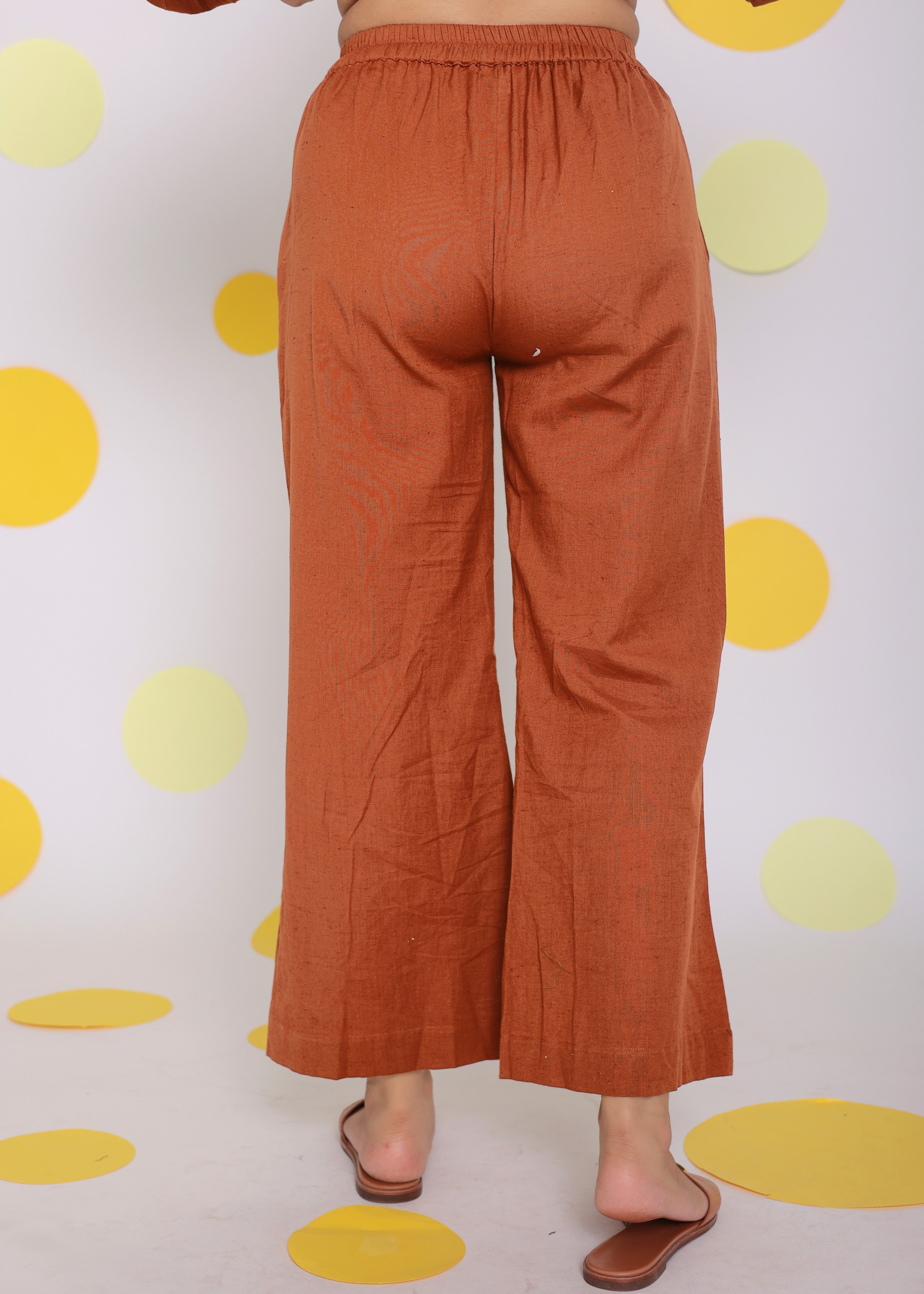 Brown Relaxed Back Elastic and Buttoned Formal Linen Pants - Kaoribyshreya