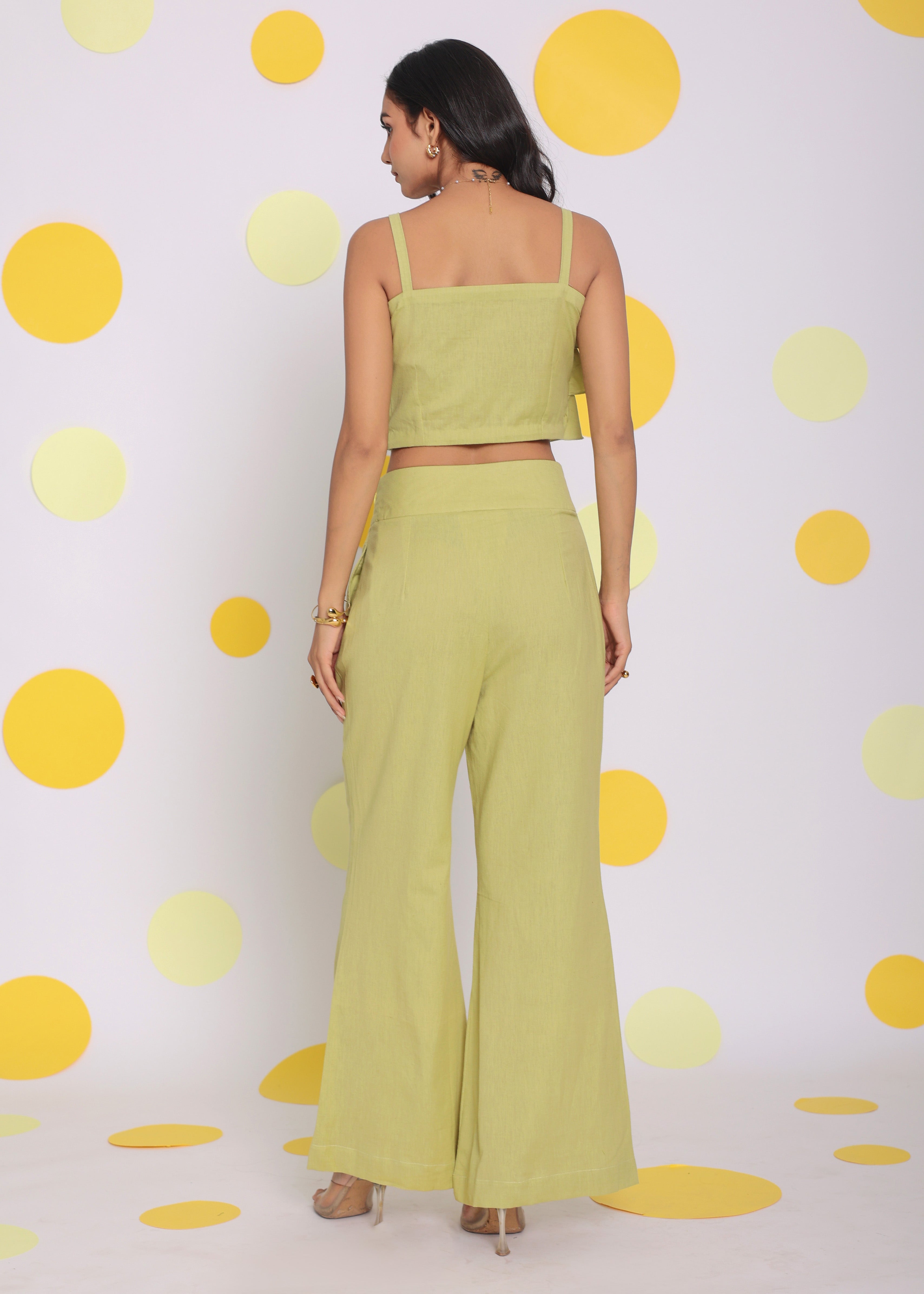 Light Green Layered Crop Top and High Waist Pant Summer Relaxed Linen Co-ord Set - Kaoribyshreya