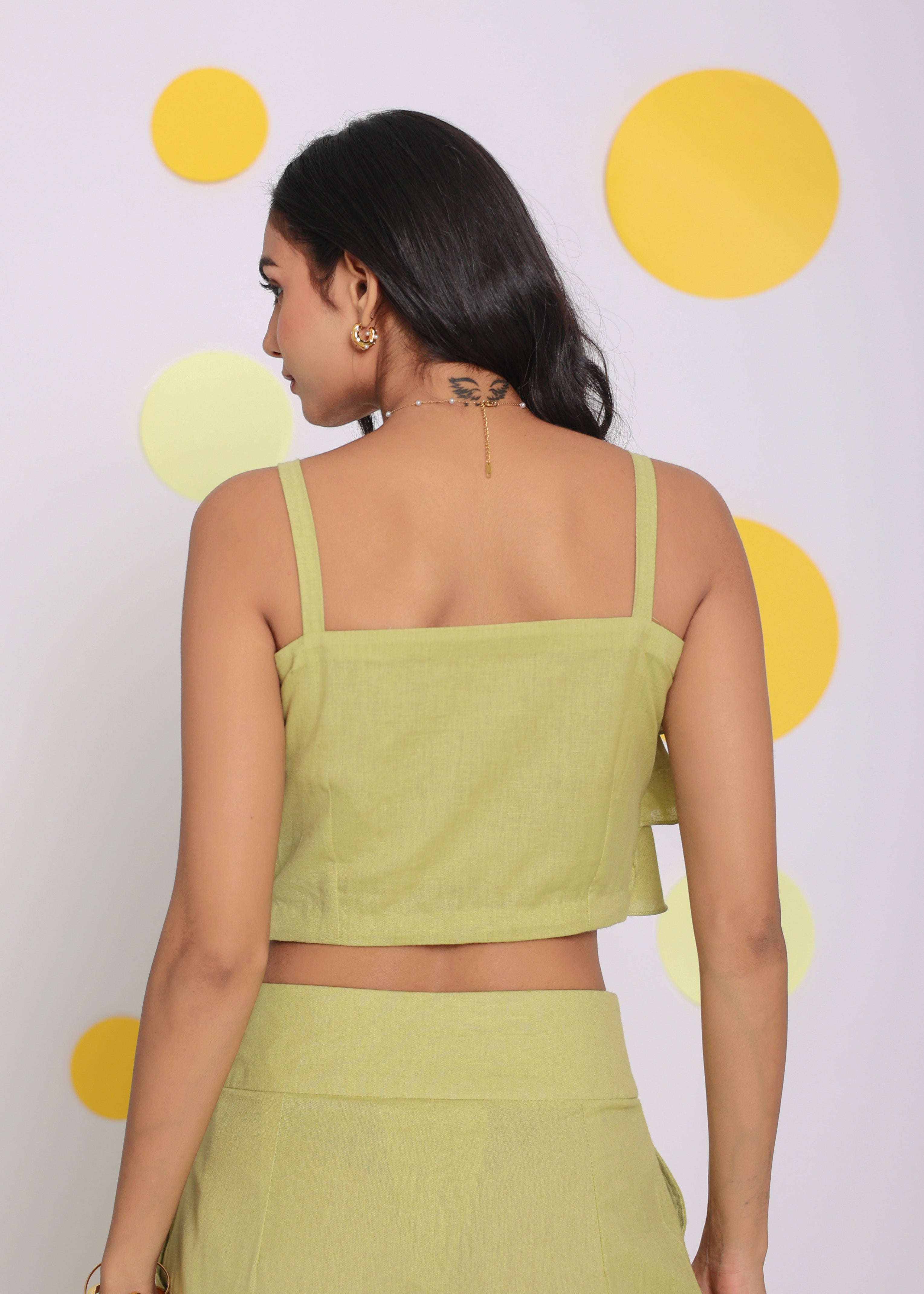 Light Green Layered Crop Resort Wear Linen Top - Kaoribyshreya
