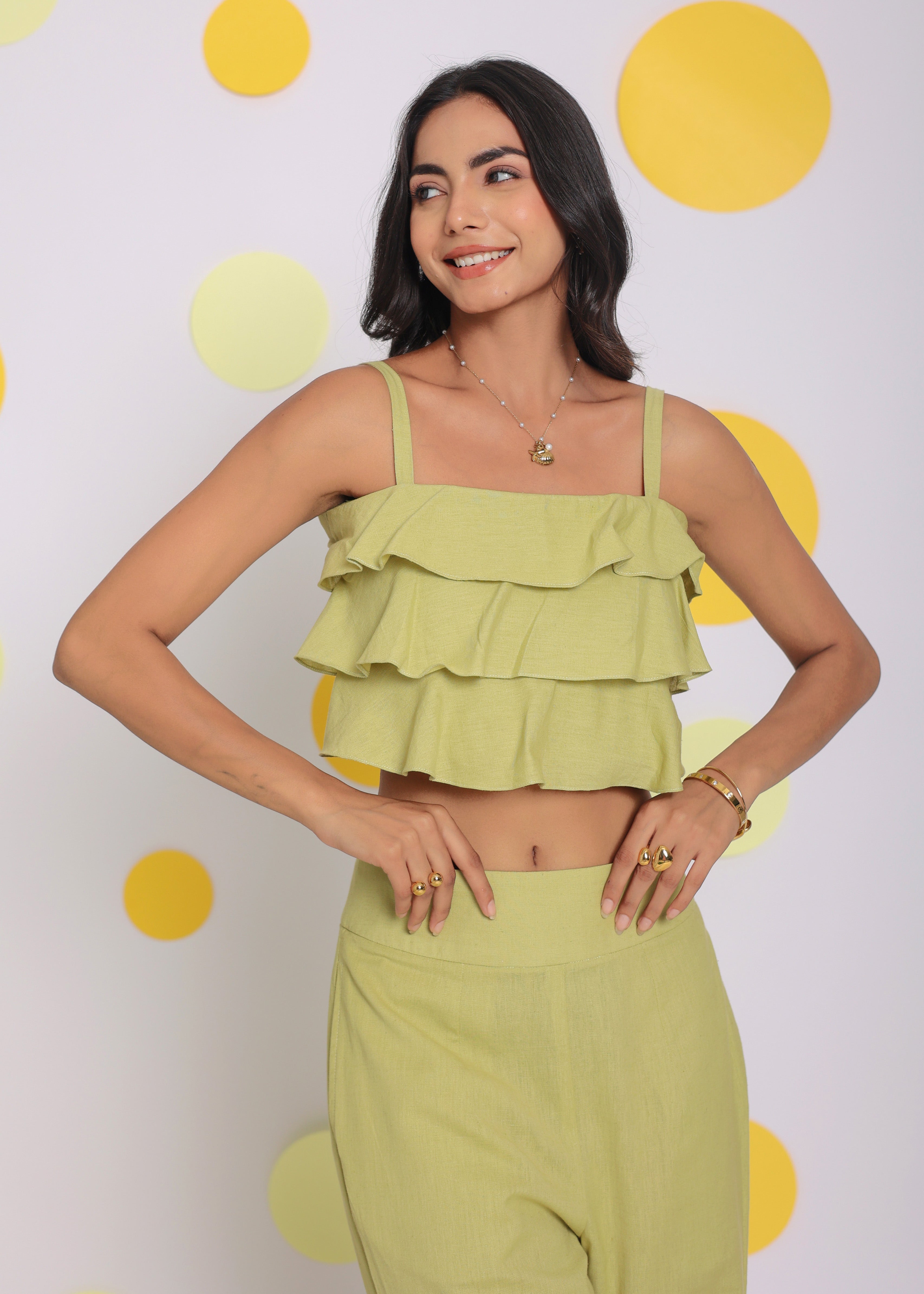 Light Green Layered Crop Resort Wear Linen Top - Kaoribyshreya
