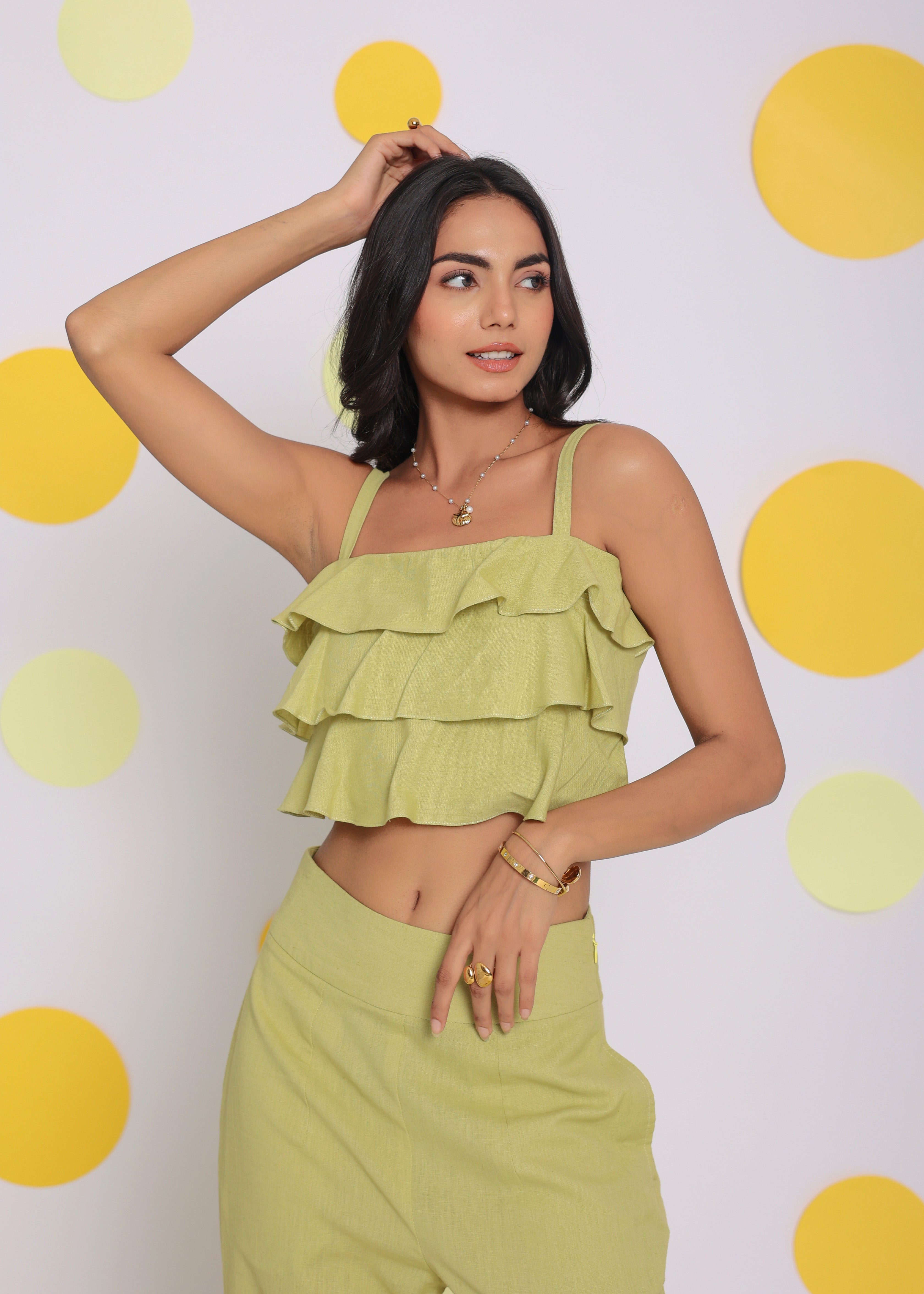 Light Green Layered Crop Top and High Waist Pant Summer Relaxed Linen Co-ord Set - Kaoribyshreya