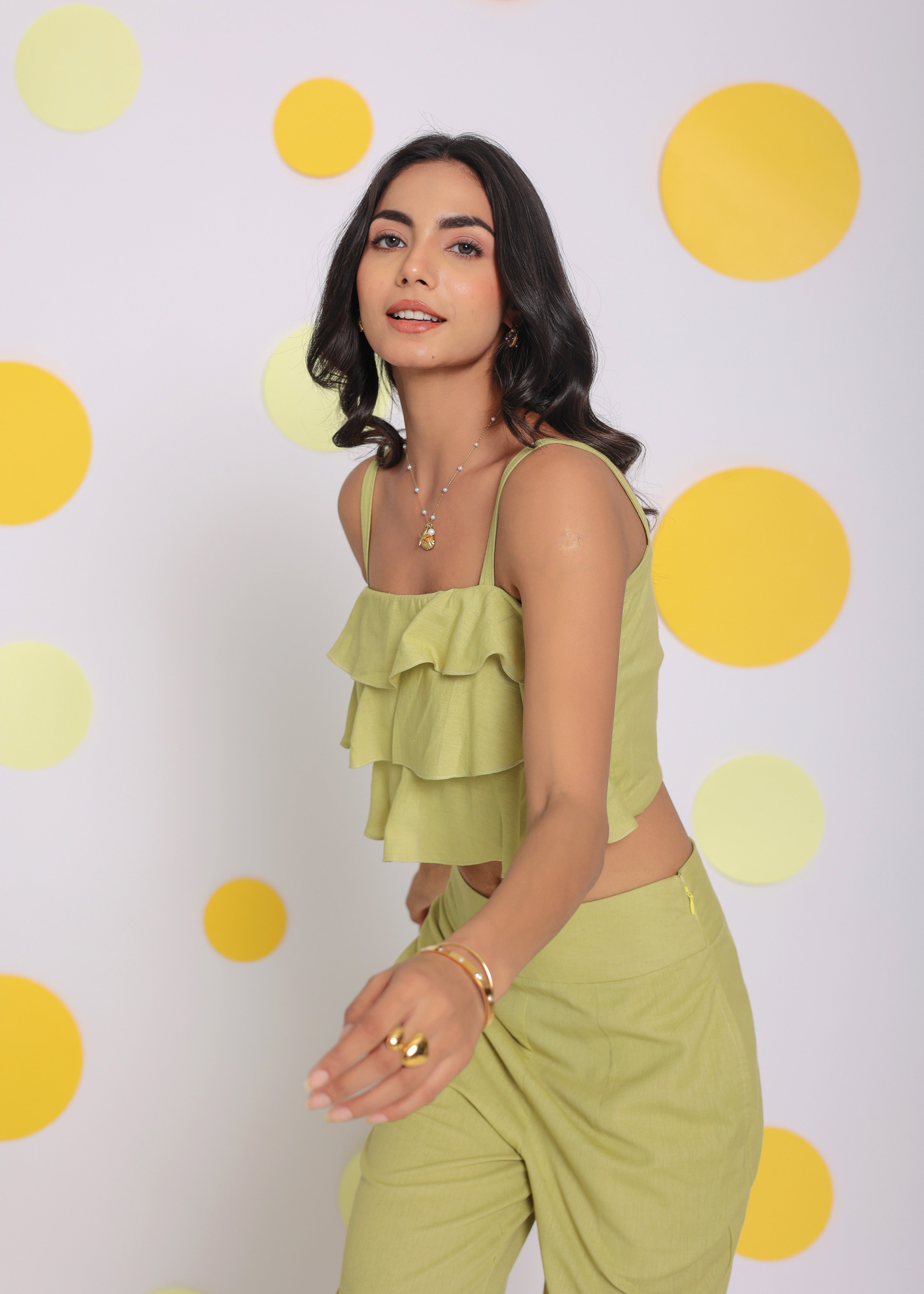 Light Green Layered Crop Resort Wear Linen Top - Kaoribyshreya