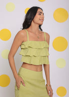 Light Green Layered Crop Resort Wear Linen Top - Kaoribyshreya