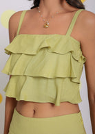 Light Green Layered Crop Top and High Waist Pant Summer Relaxed Linen Co-ord Set - Kaoribyshreya