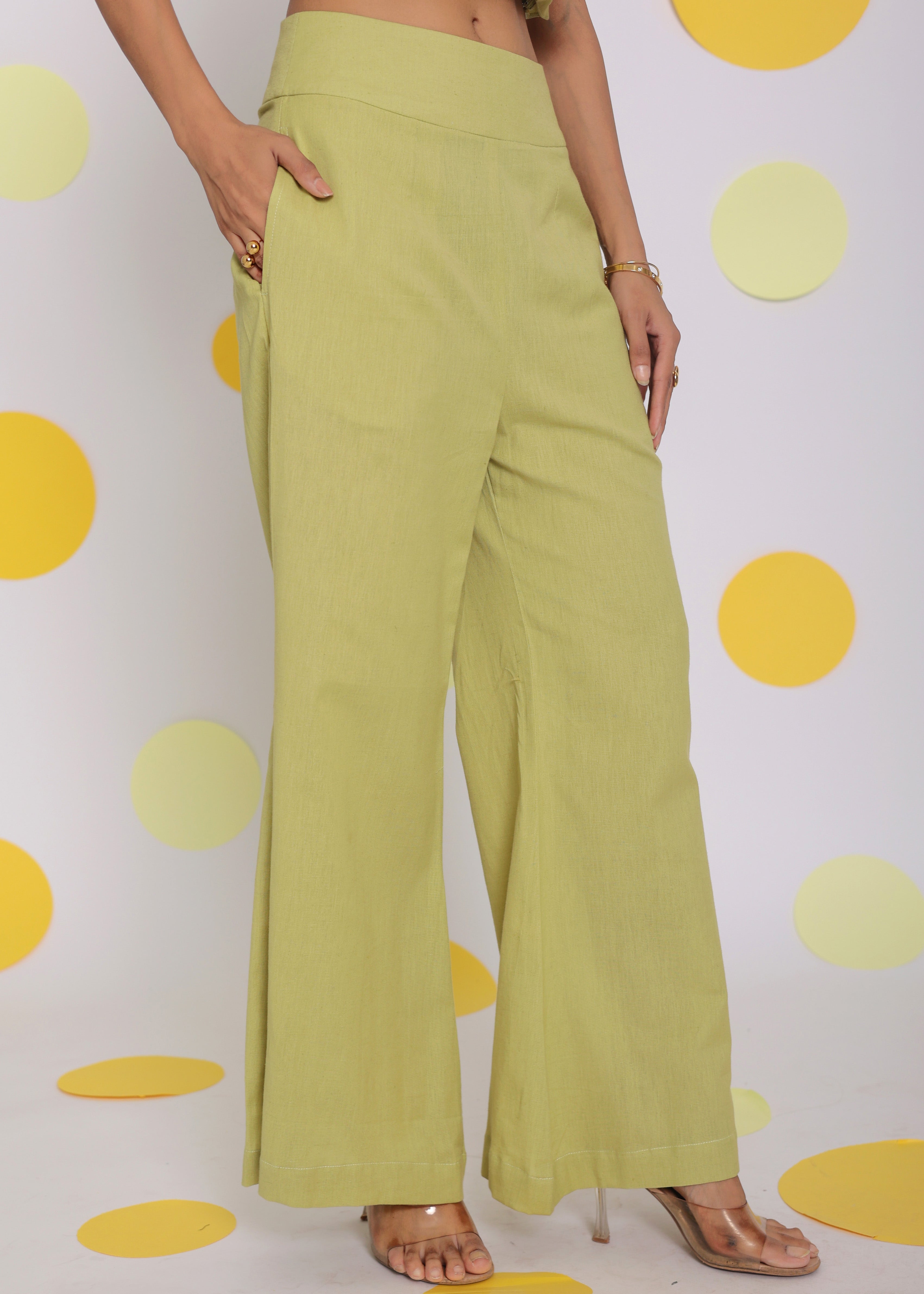 Light Green Layered Crop Top and High Waist Pant Summer Relaxed Linen Co-ord Set - Kaoribyshreya