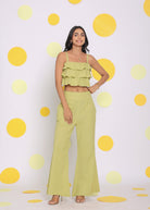 Light Green Layered Crop Top and High Waist Pant Summer Relaxed Linen Co-ord Set - Kaoribyshreya