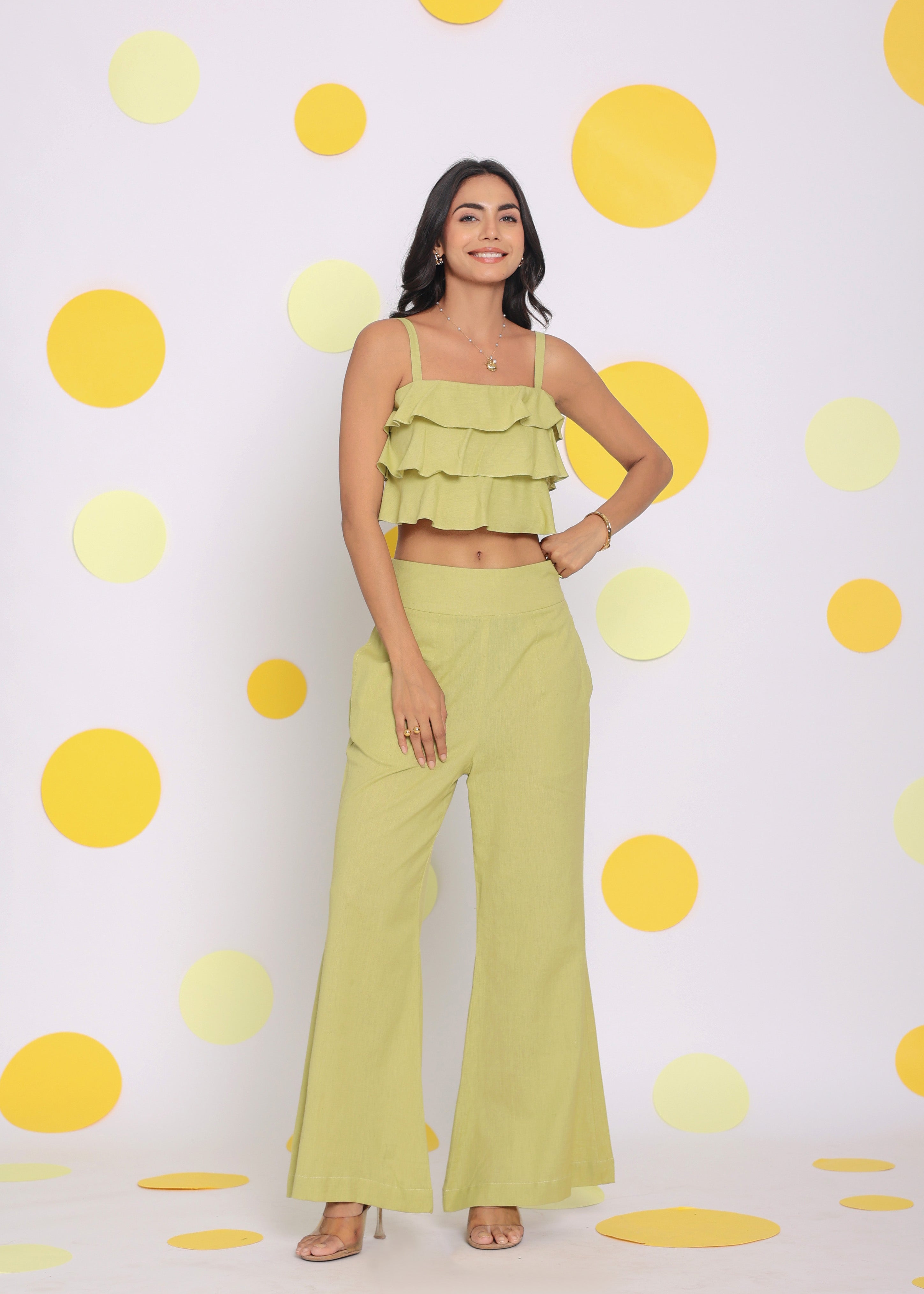 Light Green Layered Crop Resort Wear Linen Top - Kaoribyshreya