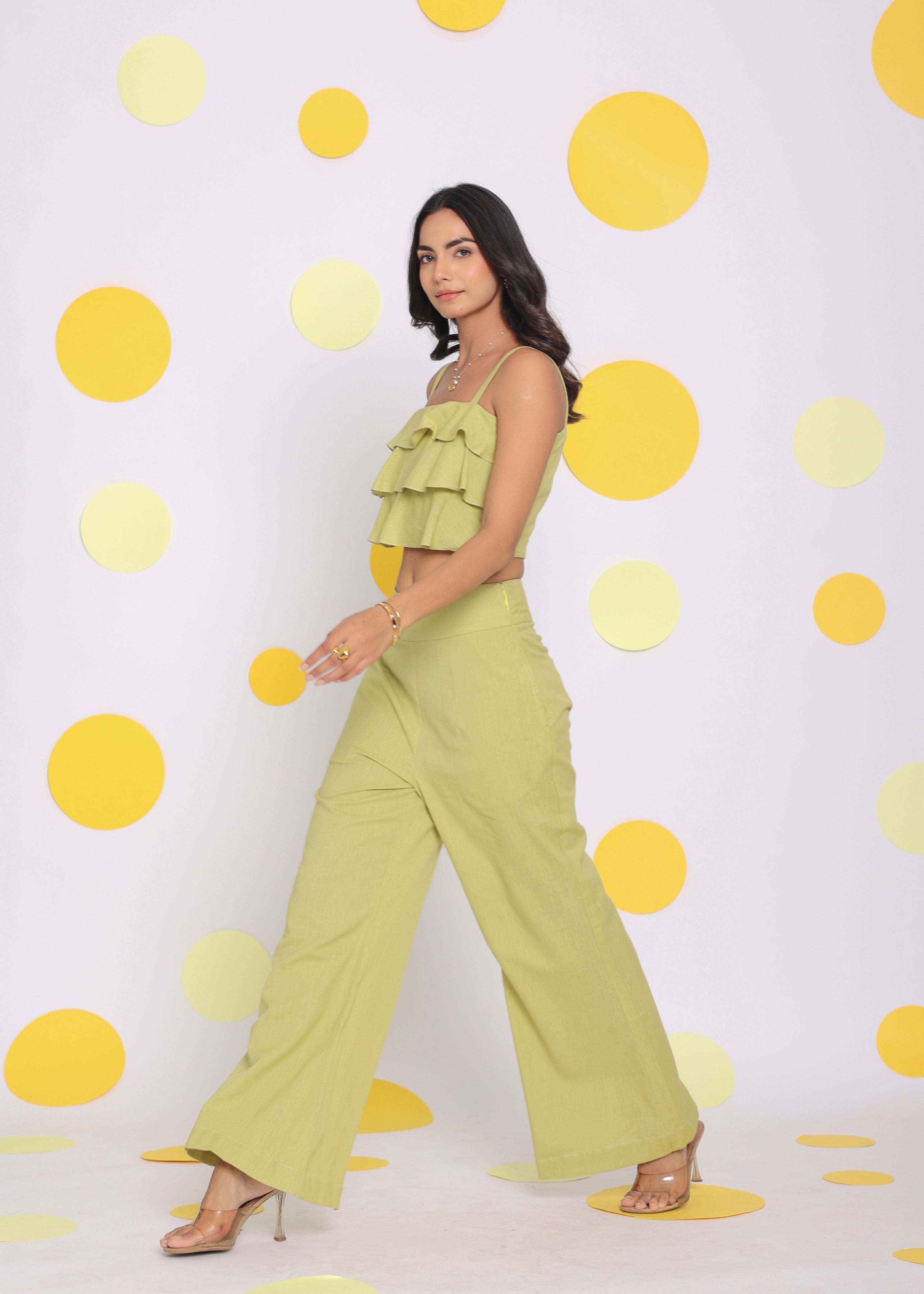 Light Green Layered Crop Top and High Waist Pant Summer Relaxed Linen Co-ord Set - Kaoribyshreya