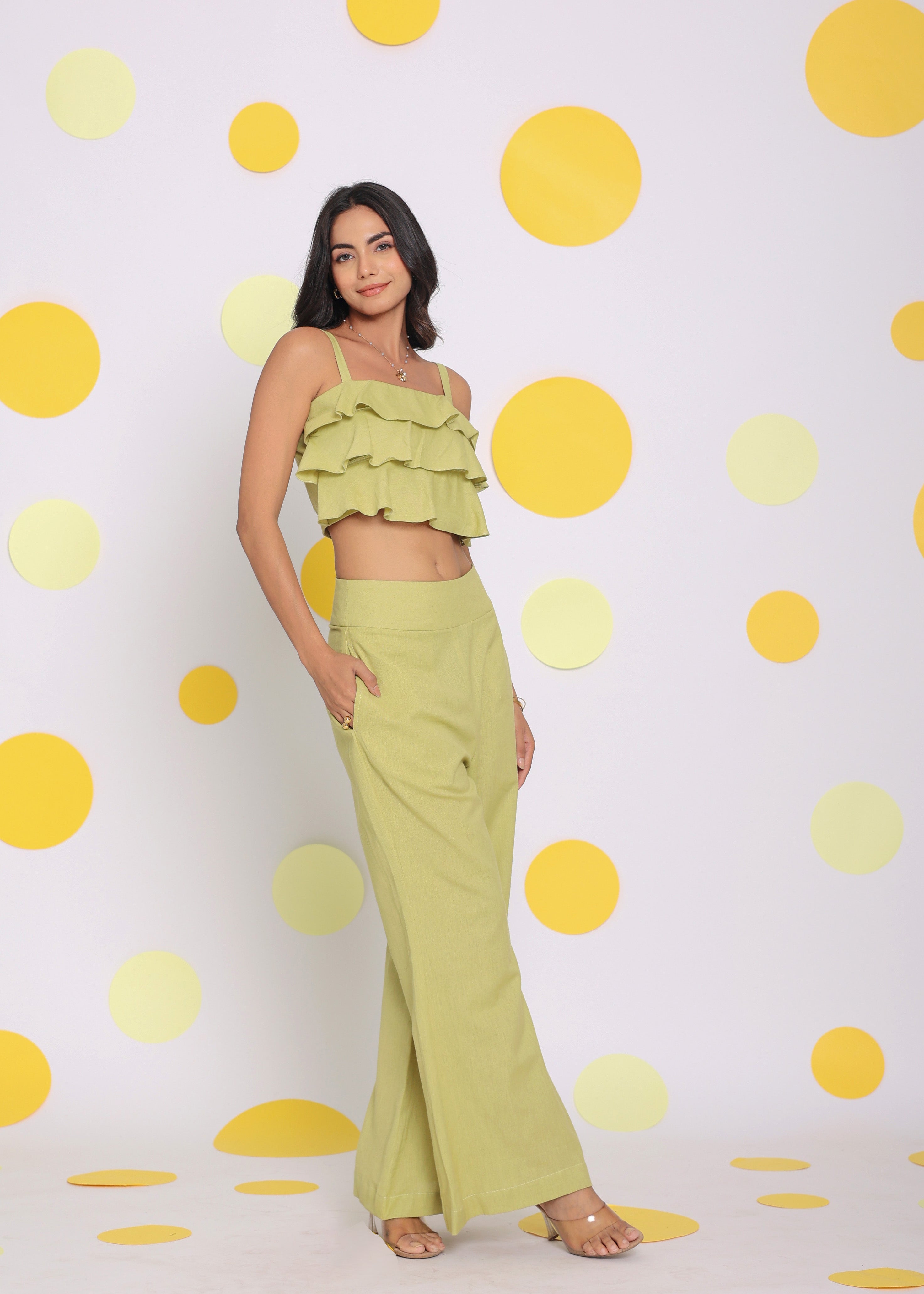 Light Green Layered Crop Top and High Waist Pant Summer Relaxed Linen Co-ord Set - Kaoribyshreya
