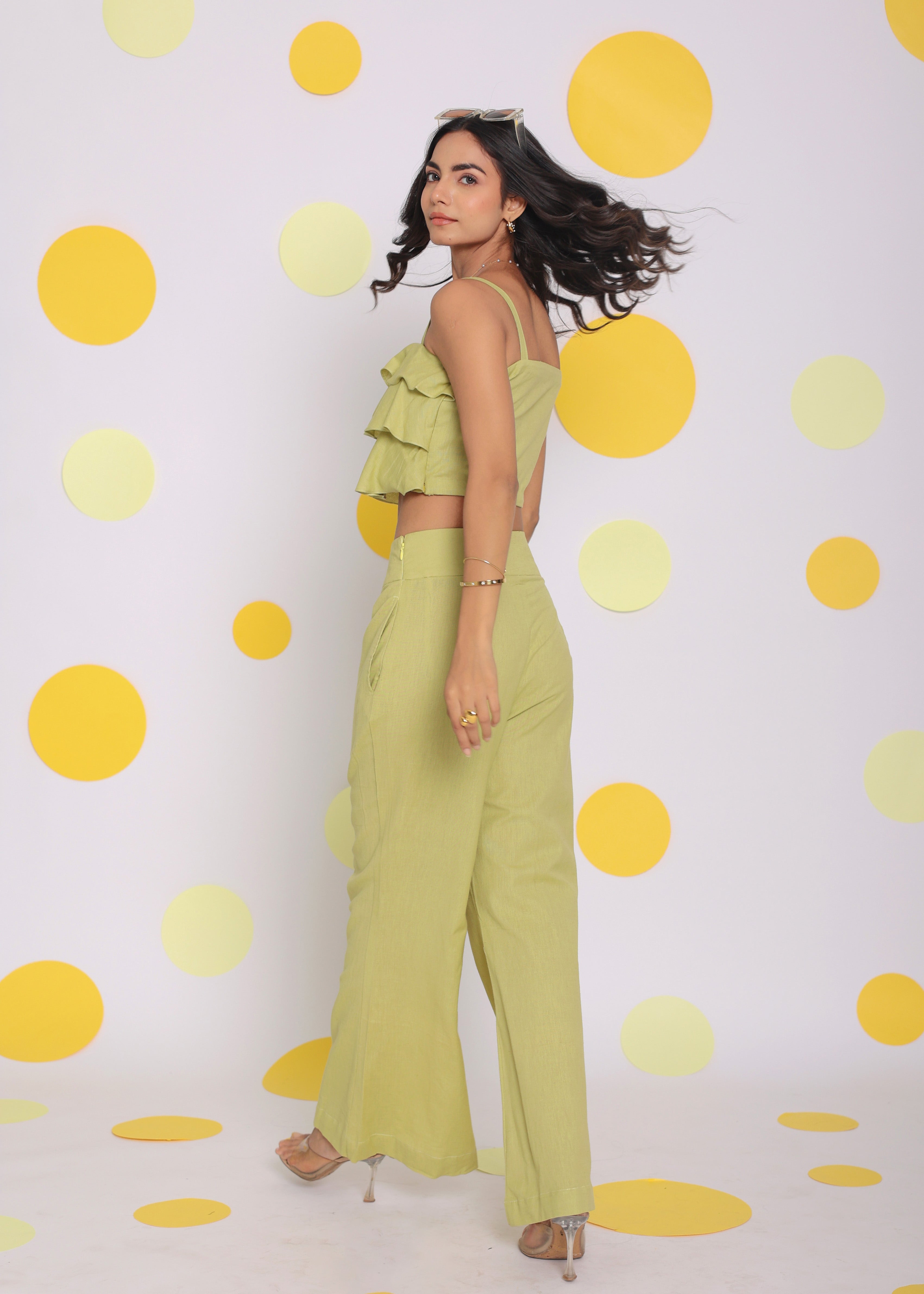 Light Green Layered Crop Top and High Waist Pant Summer Relaxed Linen Co-ord Set - Kaoribyshreya