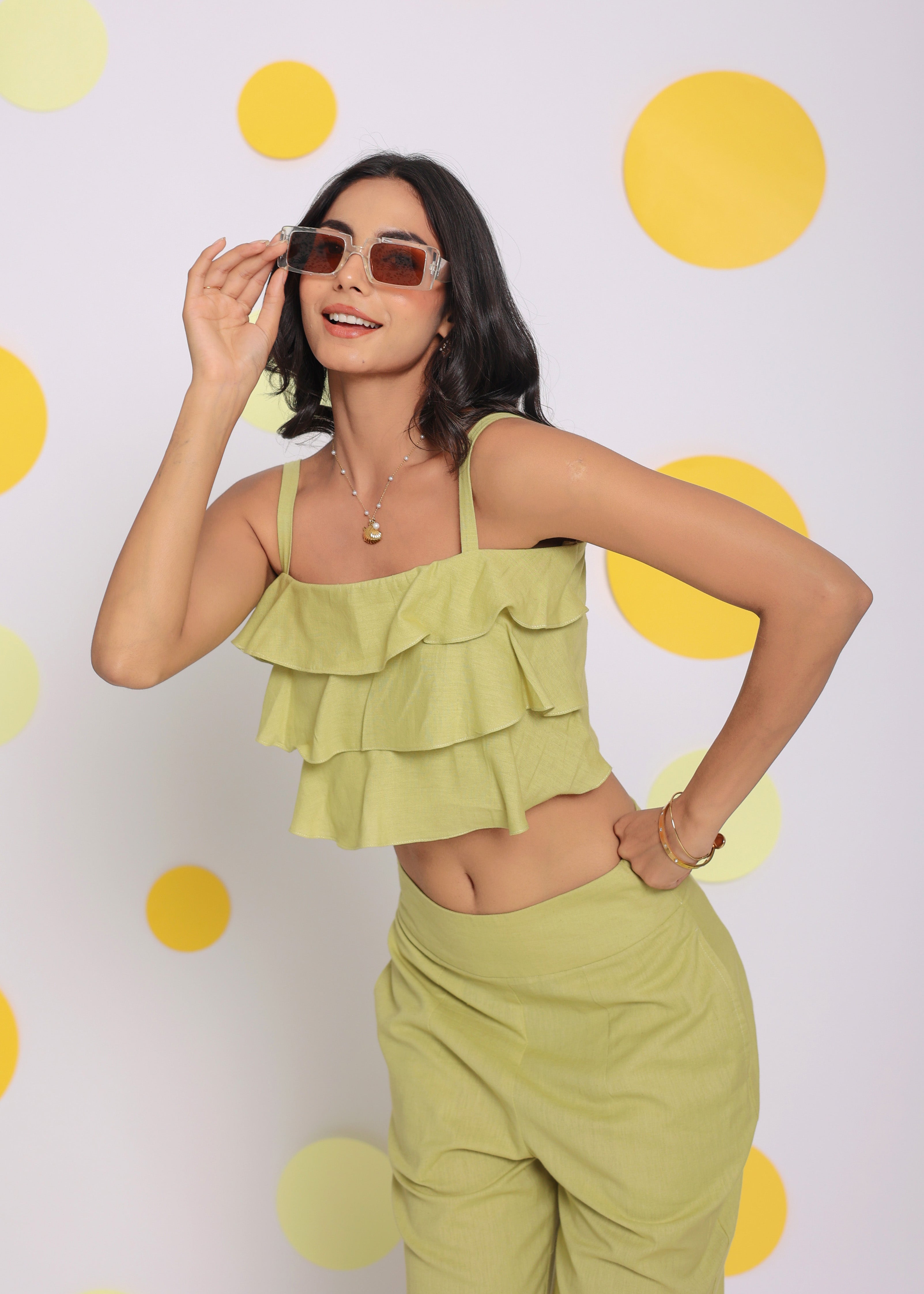 Light Green Layered Crop Top and High Waist Pant Summer Relaxed Linen Co-ord Set - Kaoribyshreya