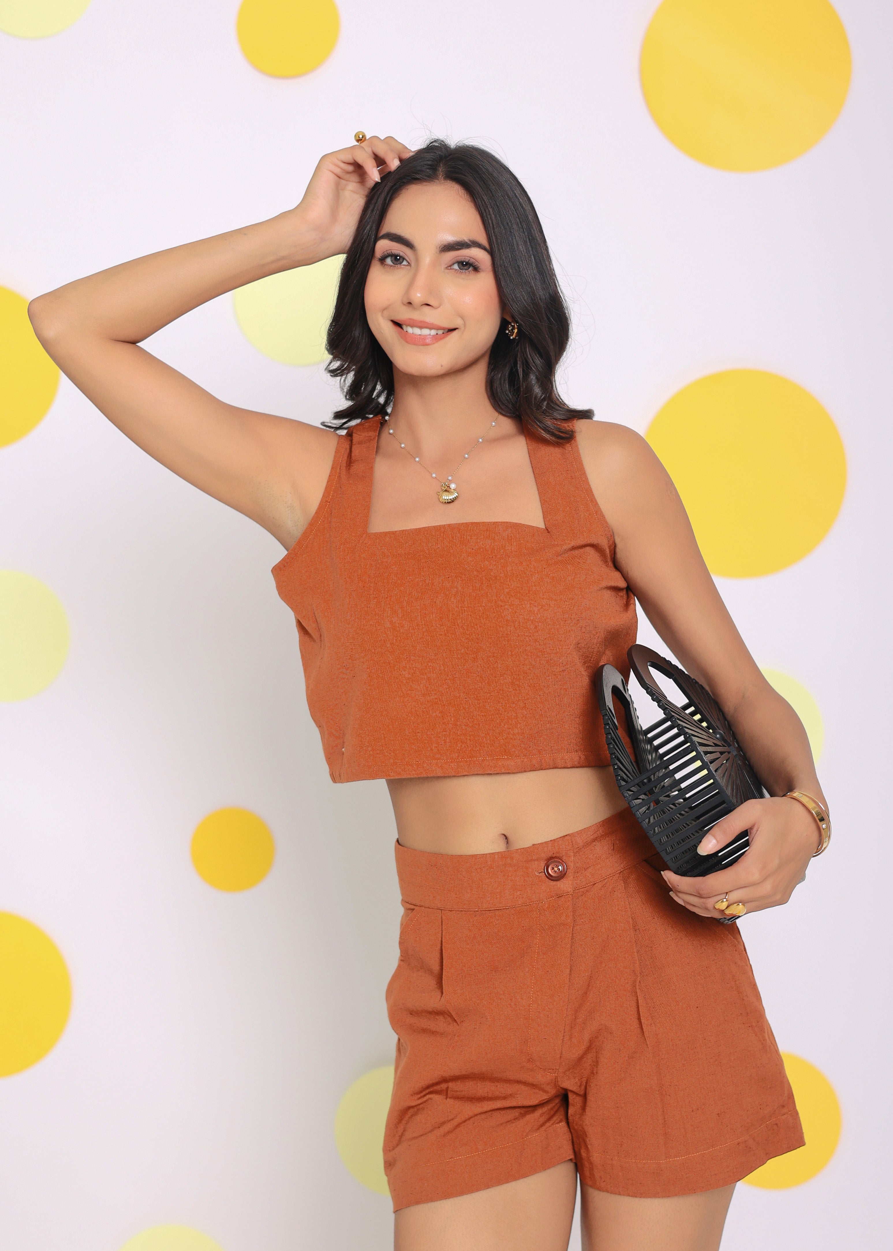 Brown Summer Relaxed Casual Crop Top and Shorts Linen Co-ord Set - Kaoribyshreya