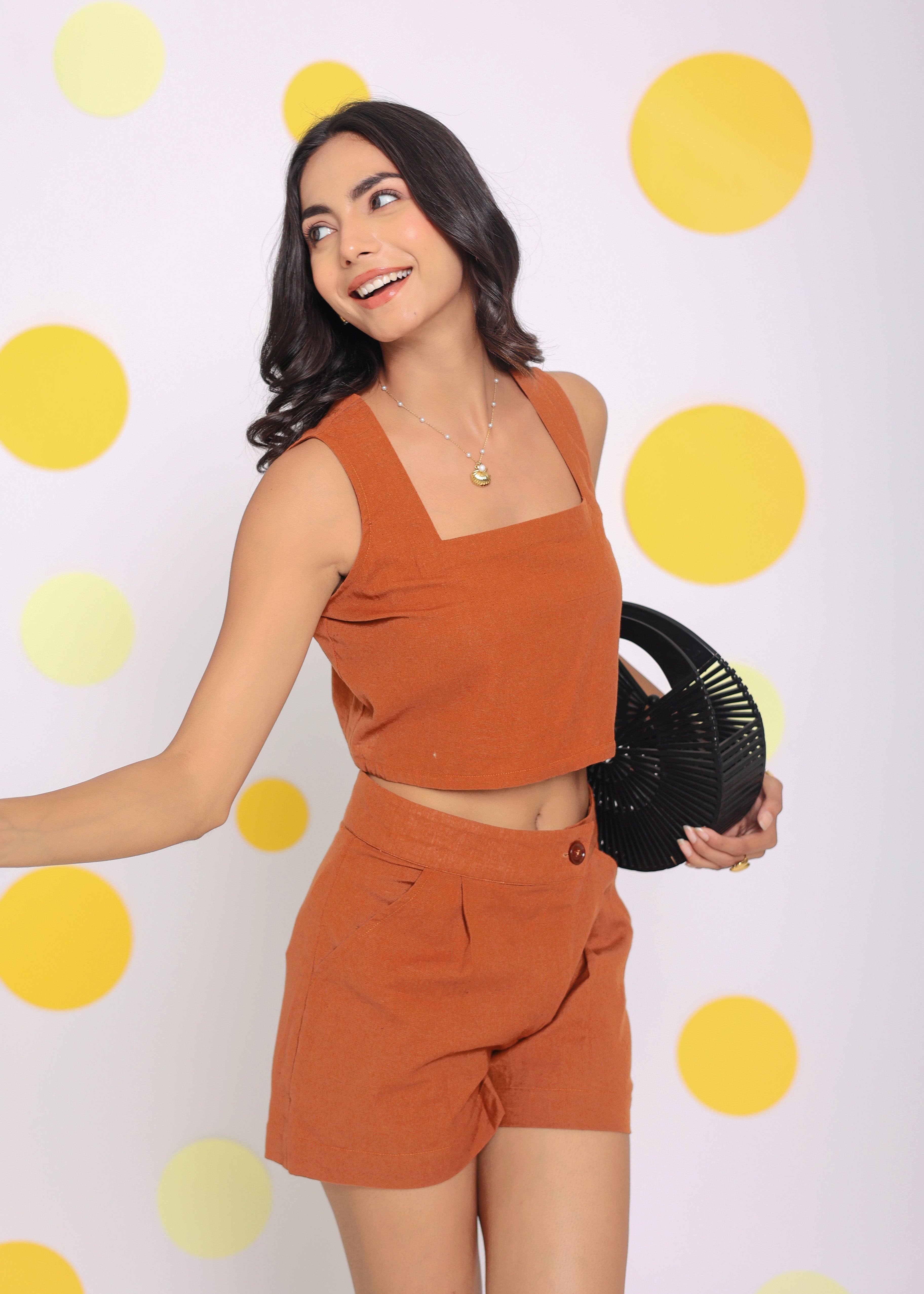 Brown Summer Relaxed Casual Crop Top and Shorts Linen Co-ord Set - Kaoribyshreya