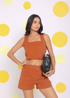 Brown Summer Relaxed Casual Crop Top and Shorts Linen Co-ord Set - Kaoribyshreya