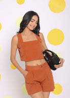 Solid Brown Summer Relaxed Casual Crop Linen Top - Kaoribyshreya