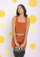 Solid Brown Summer Relaxed Casual Crop Linen Top - Kaoribyshreya