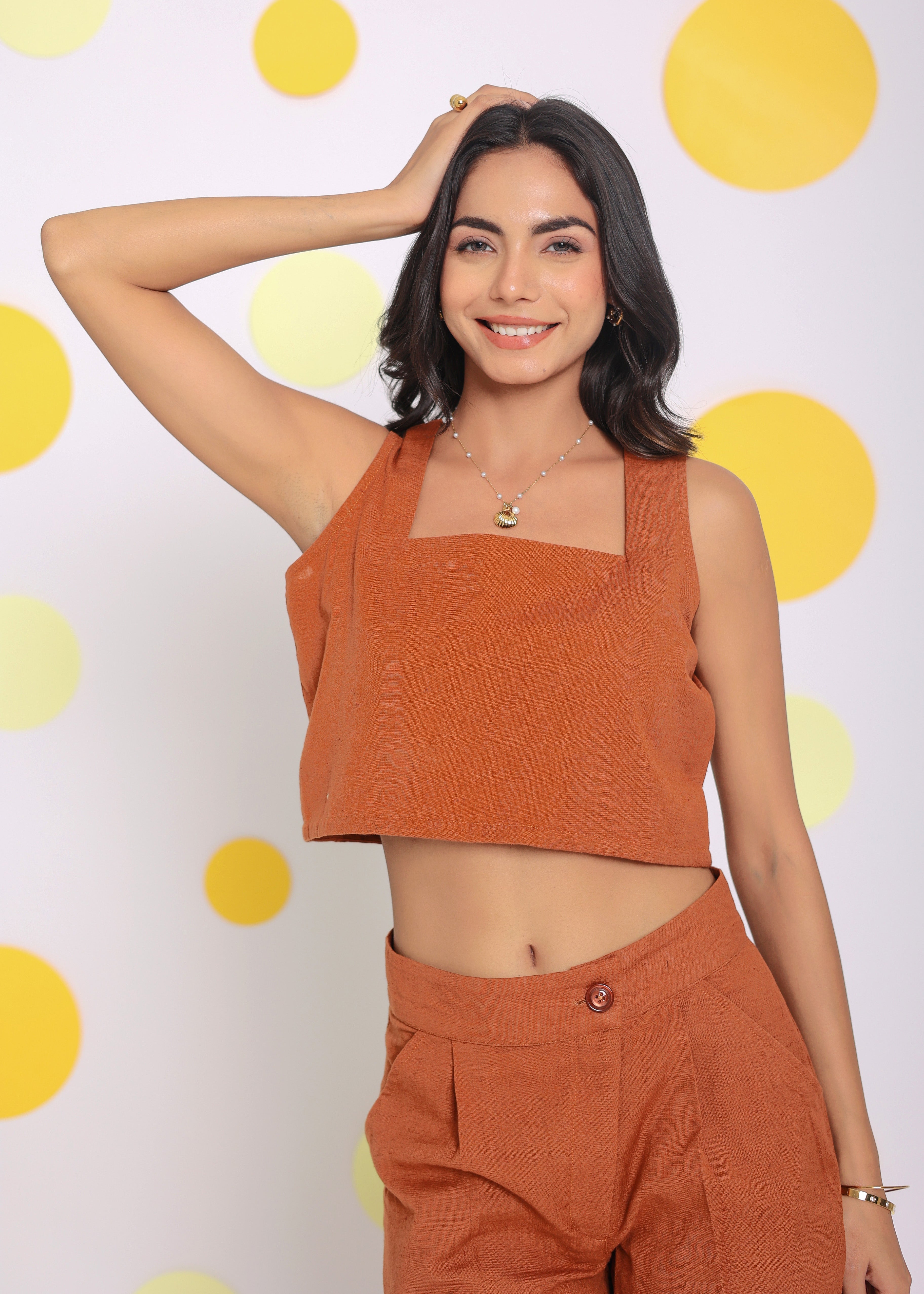 Solid Brown Summer Relaxed Casual Crop Linen Top - Kaoribyshreya