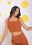 Solid Brown Summer Relaxed Casual Crop Linen Top - Kaoribyshreya