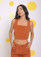Solid Brown Summer Relaxed Casual Crop Linen Top - Kaoribyshreya