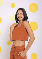 Solid Brown Summer Relaxed Casual Crop Linen Top - Kaoribyshreya