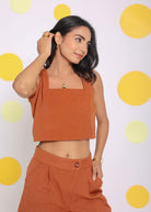 Solid Brown Summer Relaxed Casual Crop Linen Top - Kaoribyshreya