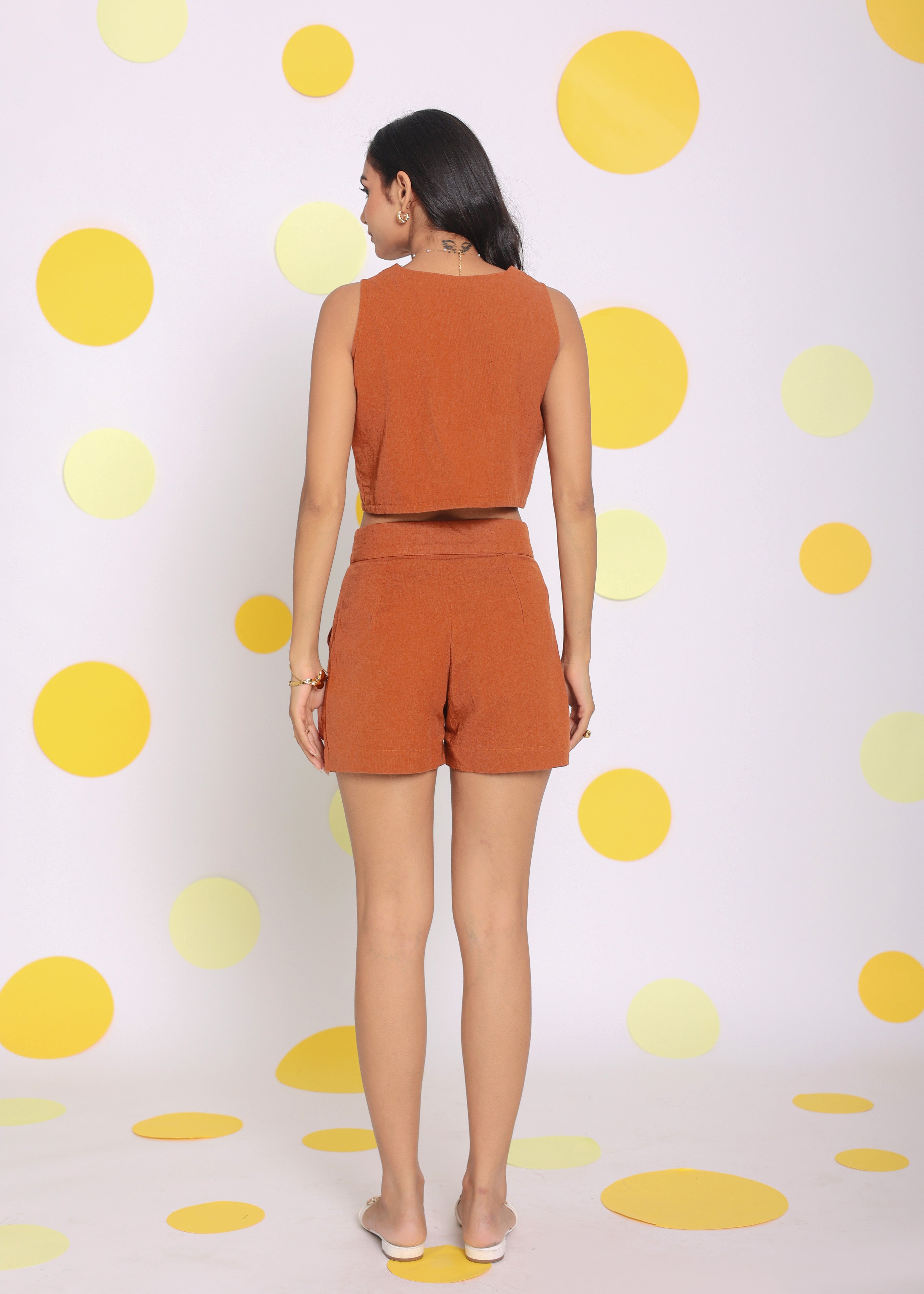 Brown Summer Relaxed Casual Crop Top and Shorts Linen Co-ord Set - Kaoribyshreya