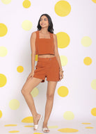 Brown Summer Relaxed Casual Crop Top and Shorts Linen Co-ord Set - Kaoribyshreya