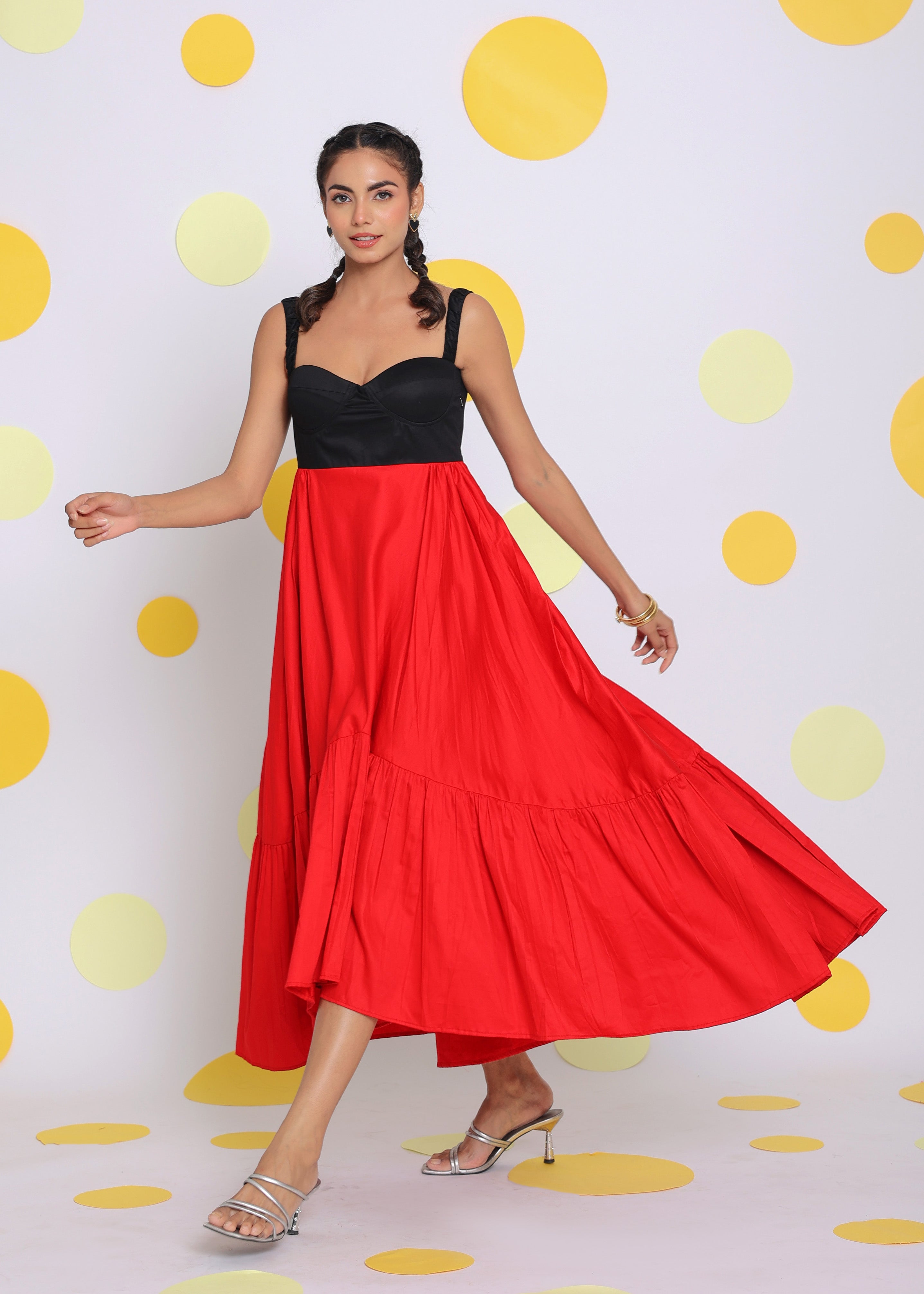 Black and Red Bust Fitted Party Wear 100% Cotton High Low Midi Dress - Kaoribyshreya