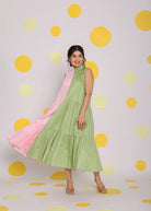 Colour Block Baby Pink and Green 100% Cotton Relaxed High Neck Vacation Midi Dress - Kaoribyshreya